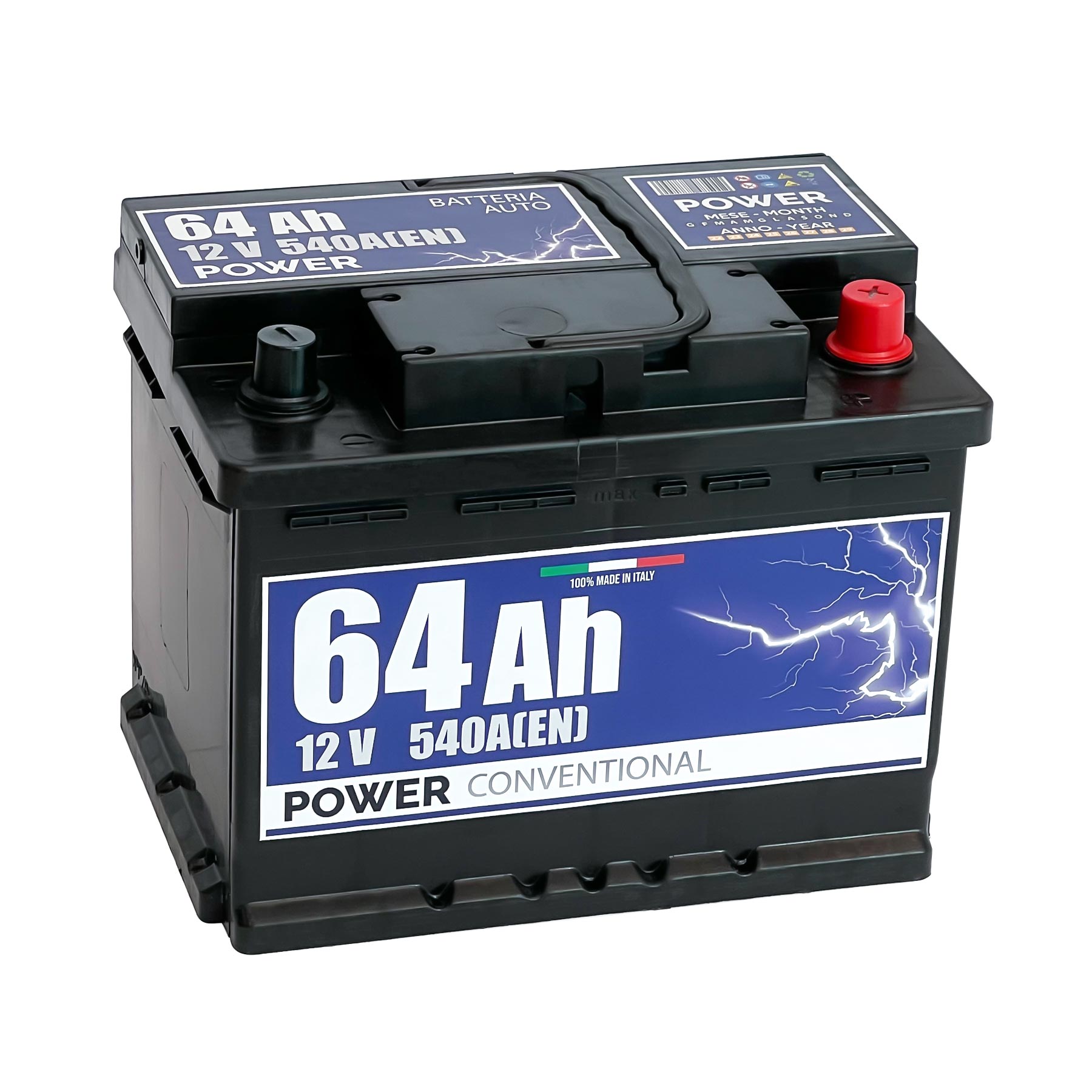Batteria originale Power Conventional PB640, dimensioni 242 x 175 x 190, polo positivo a destra, 12 volt, 64 amperora, 540 ampere. Batteria per auto e veicoli leggeri.