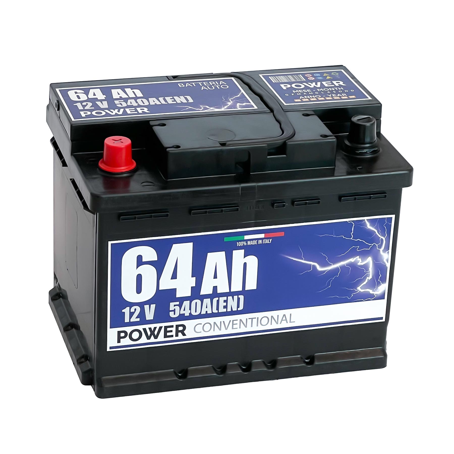Batteria originale Power Conventional PB641, dimensioni 242 x 175 x 190, polo positivo a sinistra, 12 volt, 64 amperora, 540 ampere. Batteria per auto e veicoli leggeri.