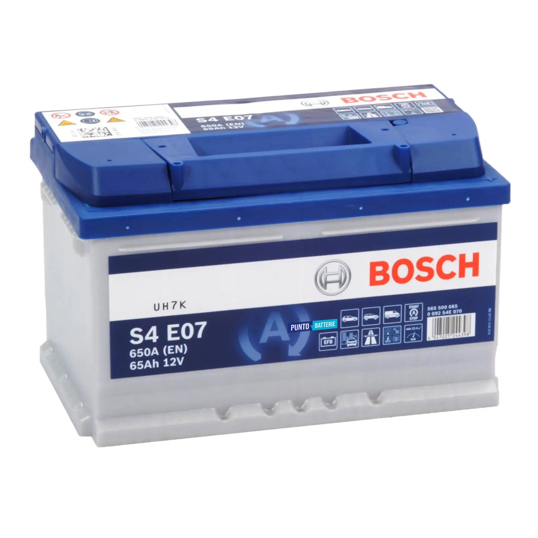 Batteria originale Bosch S4E S4 E07, dimensioni 278 x 175 x 175, polo positivo a destra, 12 volt, 65 amperora, 760 ampere, EFB. Batteria per auto e veicoli leggeri con start e stop.