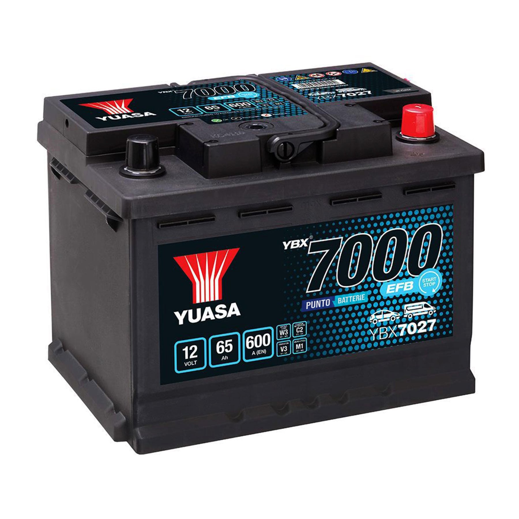 Batteria originale Yuasa YBX7000 YBX7027, dimensioni 243 x 175 x 190, polo positivo a destra, 12 volt, 65 amperora, 600 ampere, EFB. Batteria per auto e veicoli leggeri con start e stop.