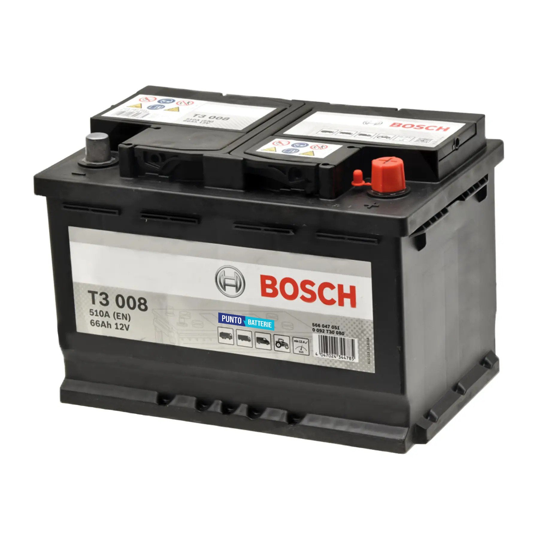 Batteria originale Bosch T3 T3008, dimensioni 278 x 175 x 190, polo positivo a destra, 12 volt, 66 amperora, 510 ampere. Batteria per camion e veicoli pesanti.