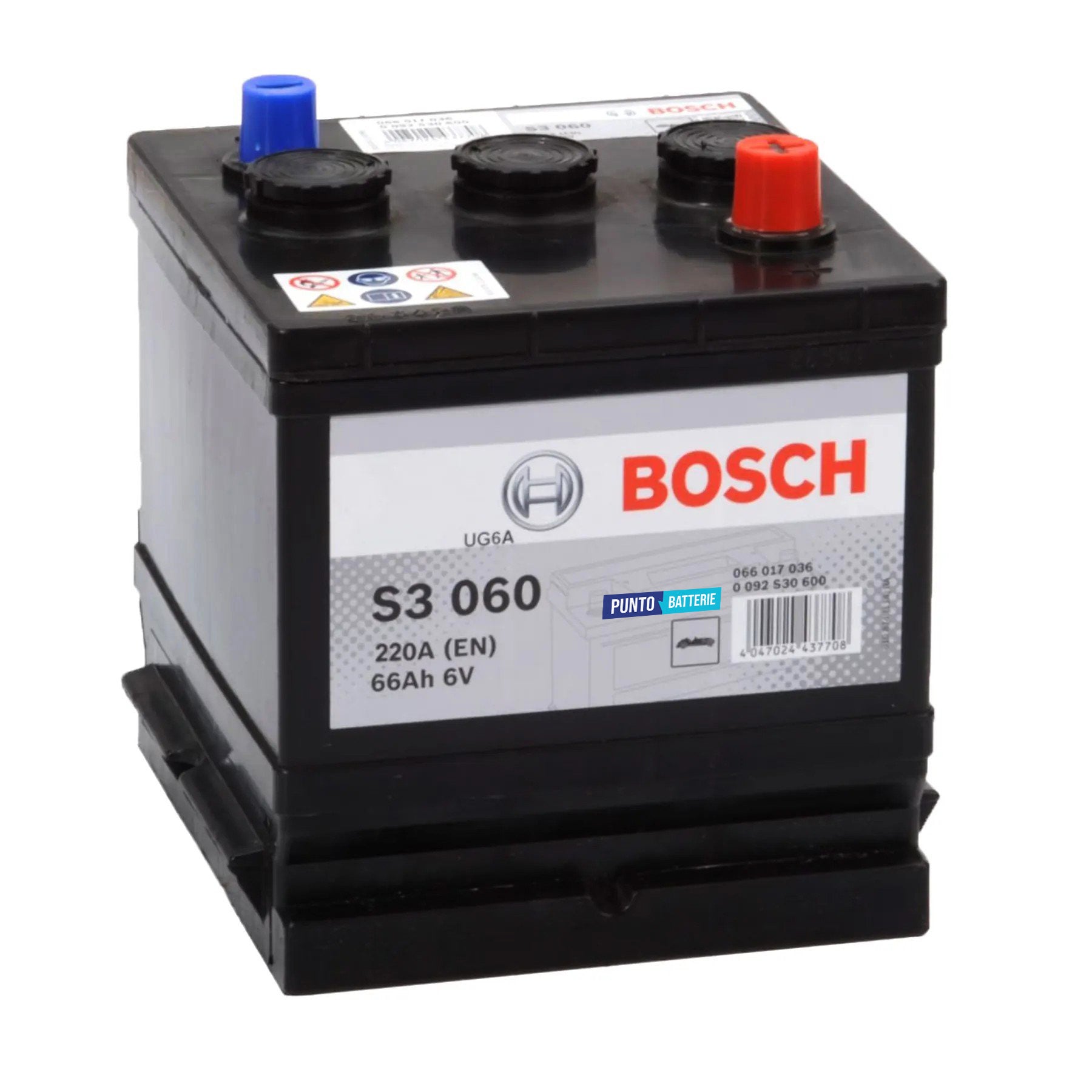 Batteria originale Bosch S3 S3 060, dimensioni 178 x 175 x 188, polo positivo a destra, 6 volt, 66 amperora, 360 ampere. Batteria per auto e veicoli leggeri.