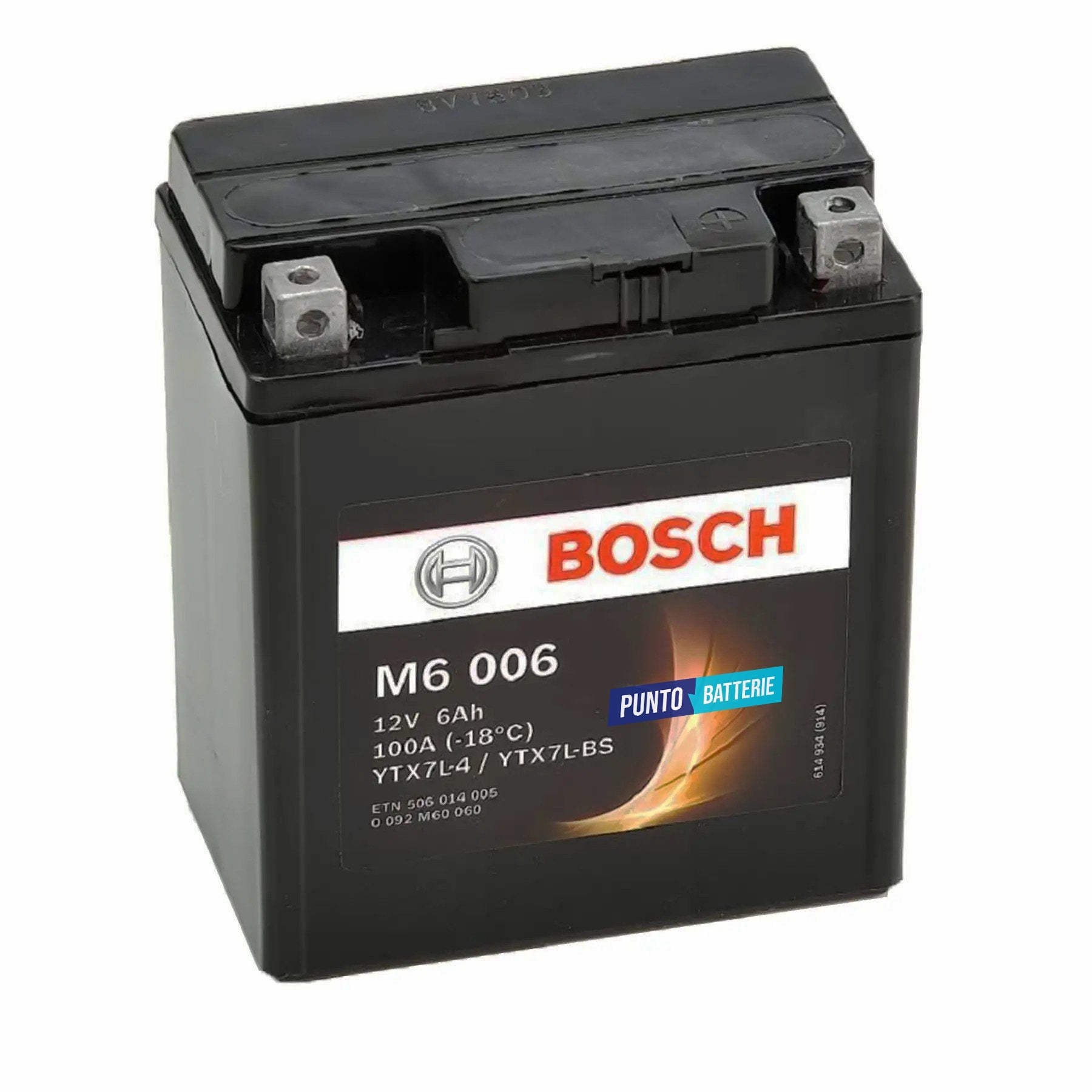 Batteria originale Bosch M6 M6006, dimensioni 165 x 130 x 176, polo positivo a destra, 12 volt, 6 amperora, 100 ampere. Batteria per moto, scooter e powersport.