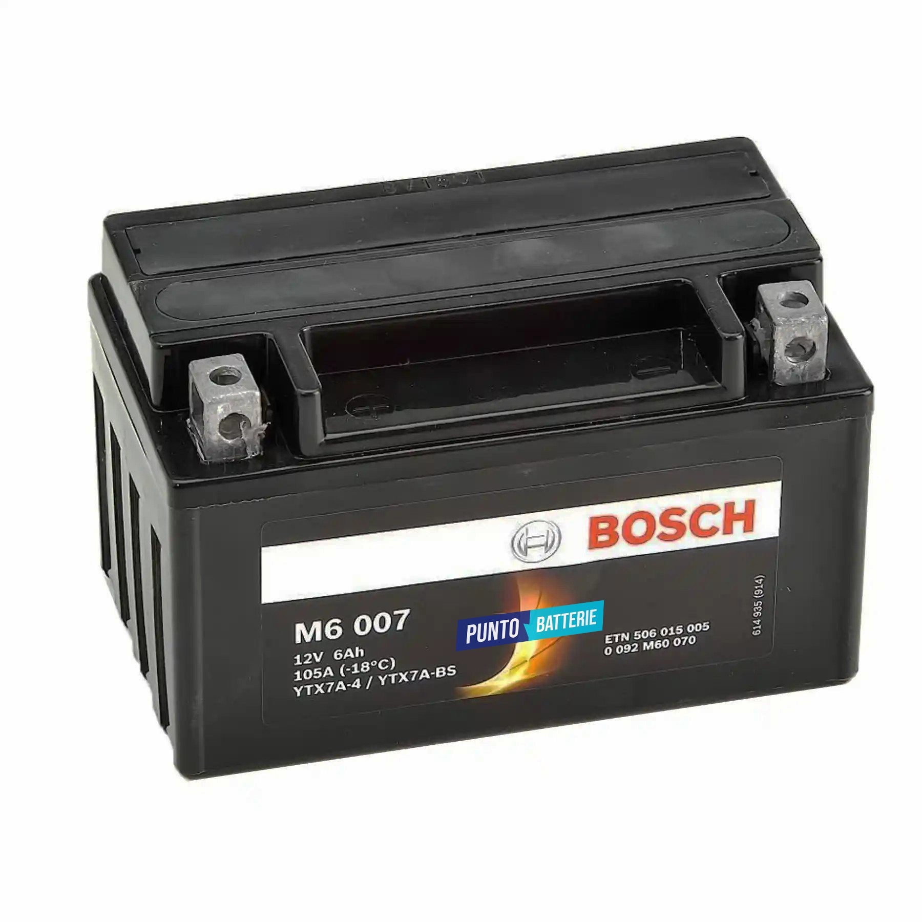 Batteria originale Bosch M6 M6007, dimensioni 150 x 87 x 93, polo positivo a sinistra, 12 volt, 6 amperora, 105 ampere. Batteria per moto, scooter e powersport.