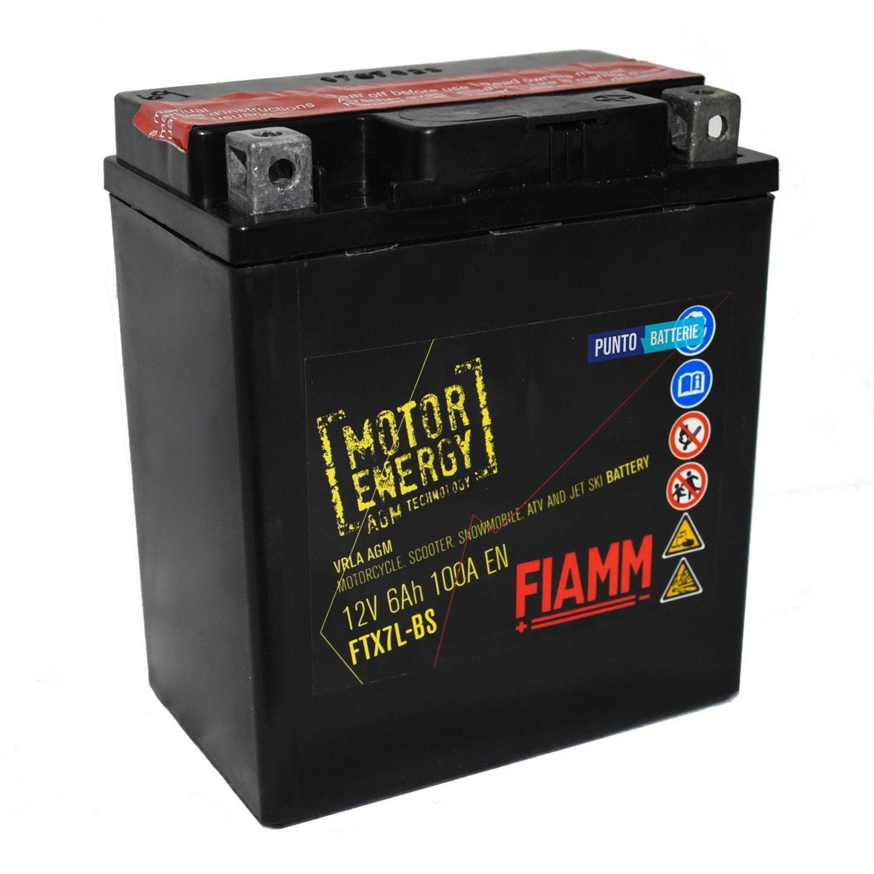 Batteria originale Fiamm Motor Energy AGM FTX7L-BS, dimensioni 113 x 70 x 130, polo positivo a destra, 12 volt, 6 amperora, 100 ampere. Batteria per moto, scooter e powersport.