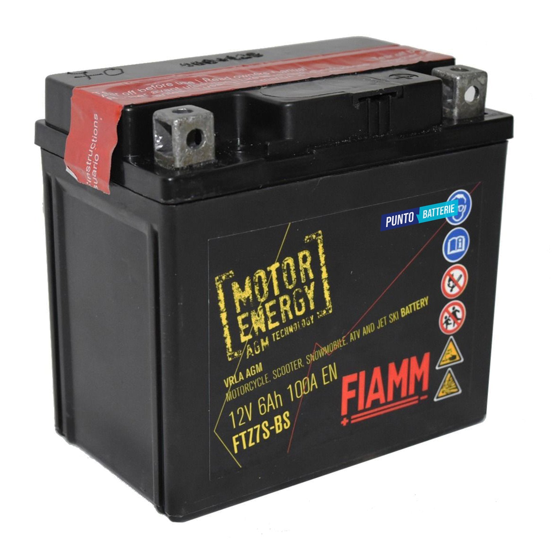 Batteria originale Fiamm Motor Energy AGM FTZ7S-BS, dimensioni 113 x 70 x 105, polo positivo a destra, 12 volt, 6 amperora, 100 ampere. Batteria per moto, scooter e powersport.