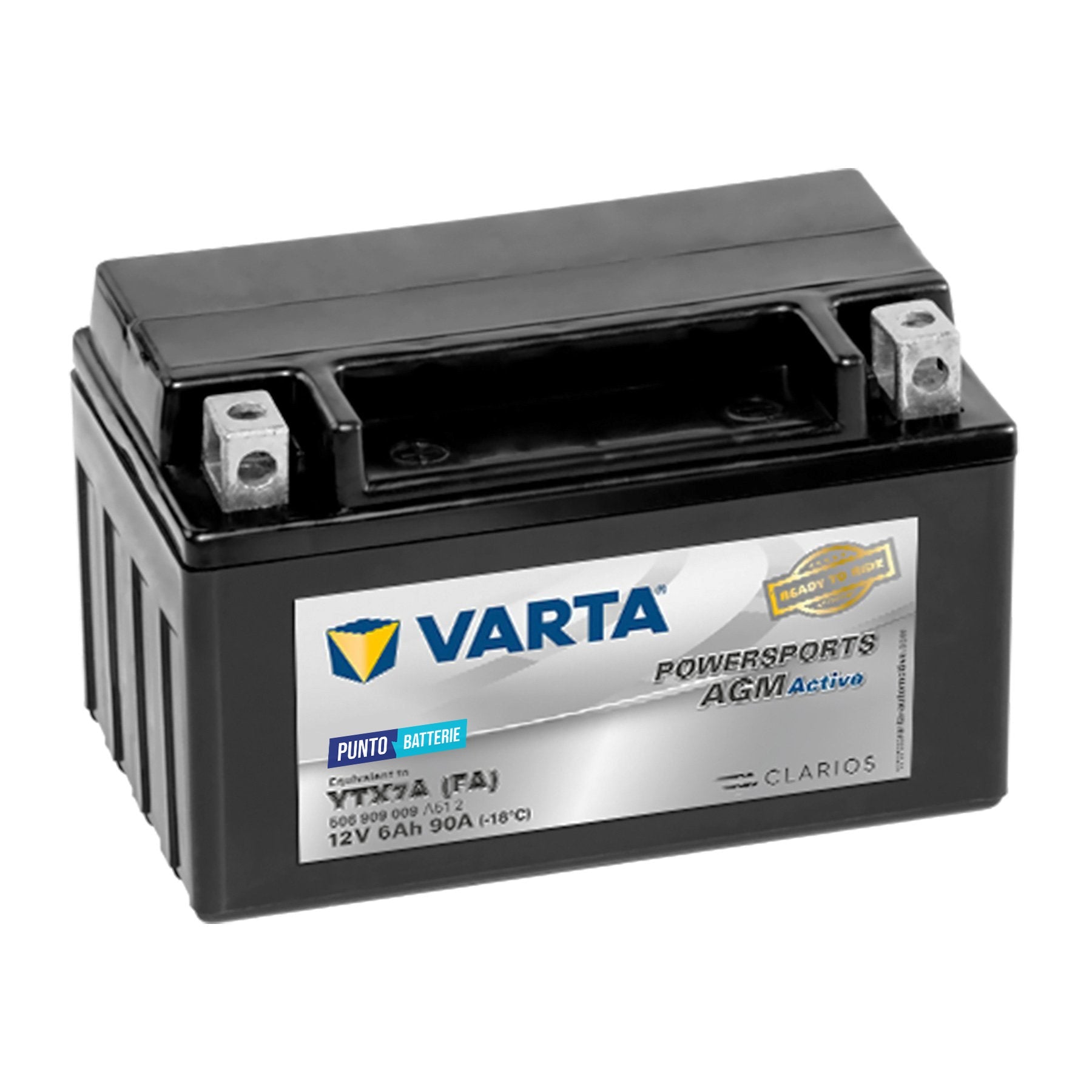 Batteria originale Varta Powersport AGM Active YTX7A-FA, dimensioni 150 x 87 x 130, polo positivo a sinistra, 12 volt, 6 amperora, 90 ampere. Batteria per moto, scooter e powersport.