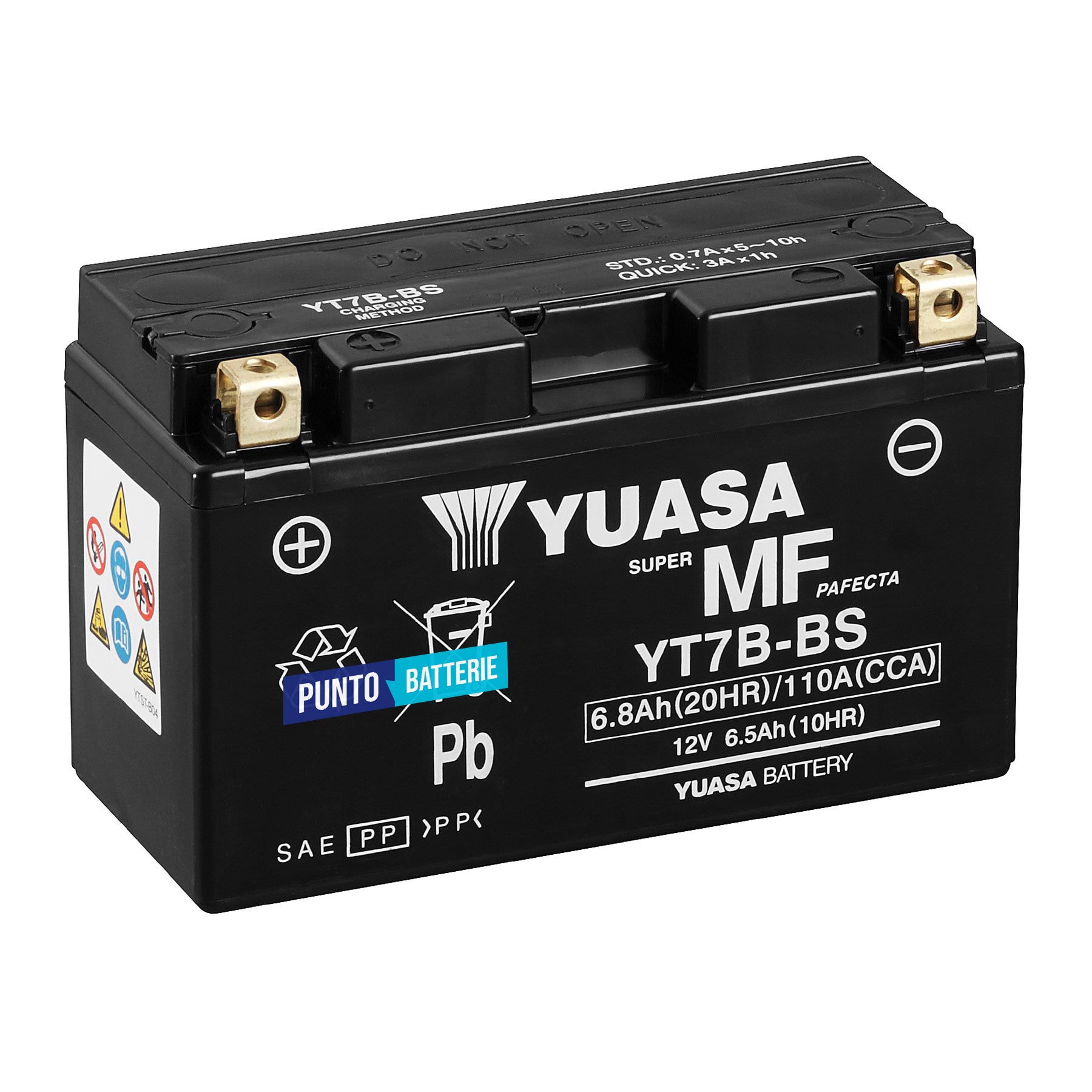 Batteria originale Yuasa YT YT7B-BS, dimensioni 150 x 65 x 93, polo positivo a sinistra, 12 volt, 6 amperora, 110 ampere. Batteria per moto, scooter e powersport.