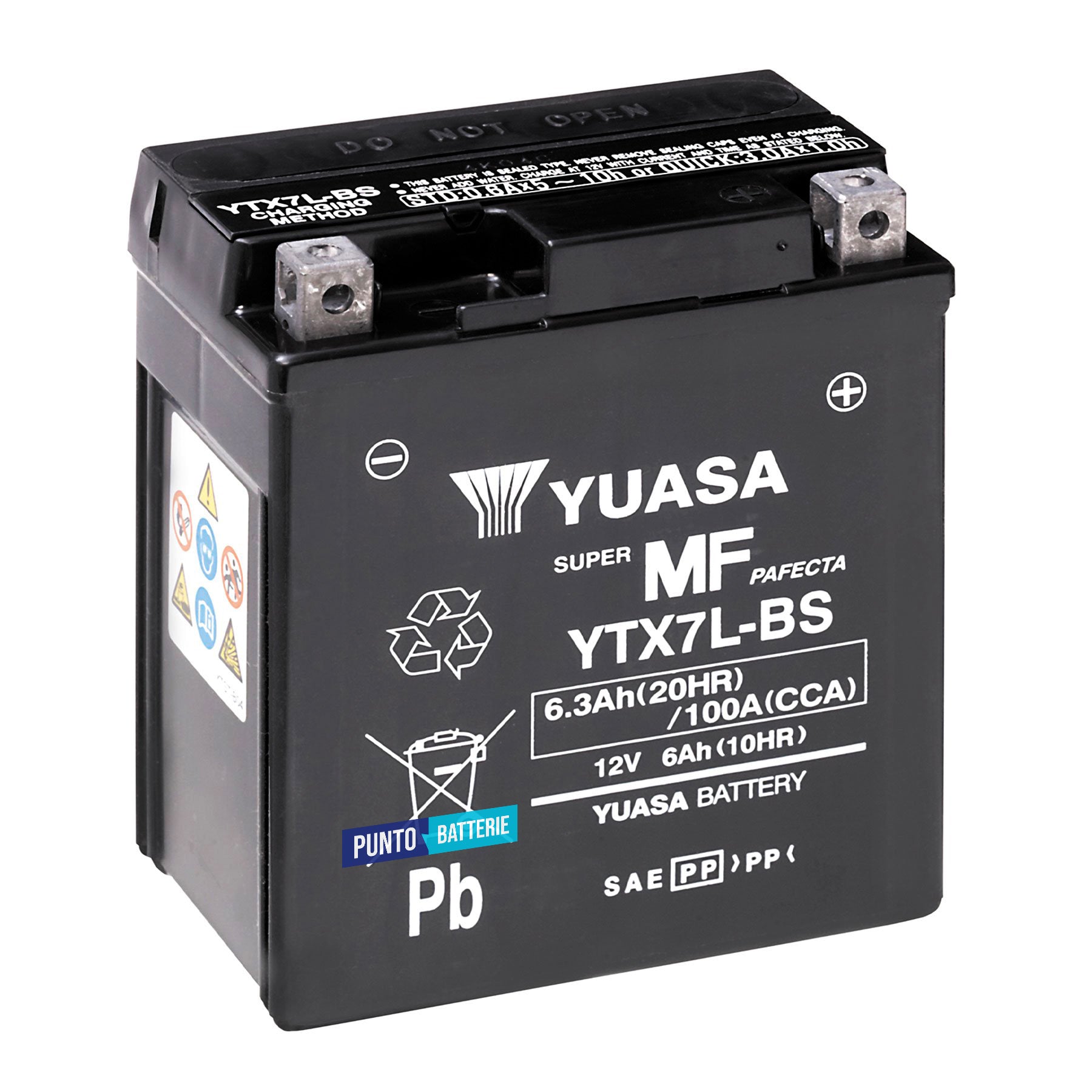 Batteria originale Yuasa YTX YTX7L-BS, dimensioni 115 x 72 x 132, polo positivo a destra, 12 volt, 6 amperora, 100 ampere. Batteria per moto, scooter e powersport.