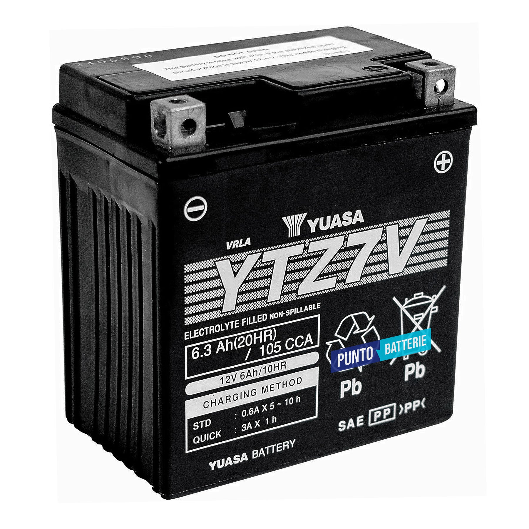 Batteria originale Yuasa YTZ YTZ7V, dimensioni 113 x 70 x 120, polo positivo a destra, 12 volt, 6 amperora, 105 ampere. Batteria per moto, scooter e powersport.