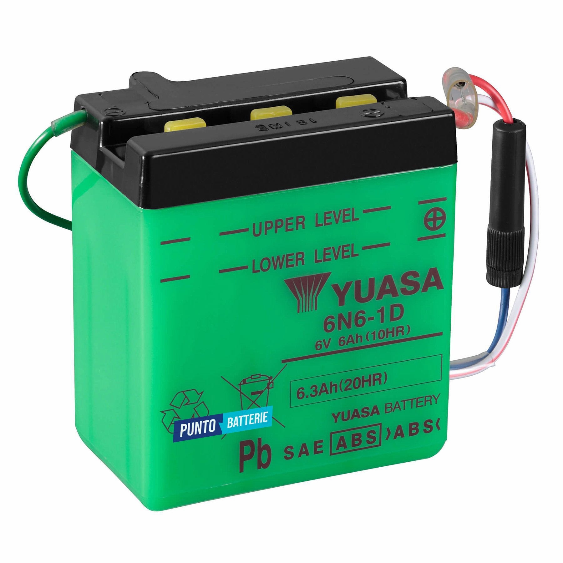 Batteria originale Yuasa Conventional 6N6-1D, dimensioni 99 x 57 x 111, polo positivo a destra, 6 volt, 6 amperora. Batteria per moto, scooter e powersport.