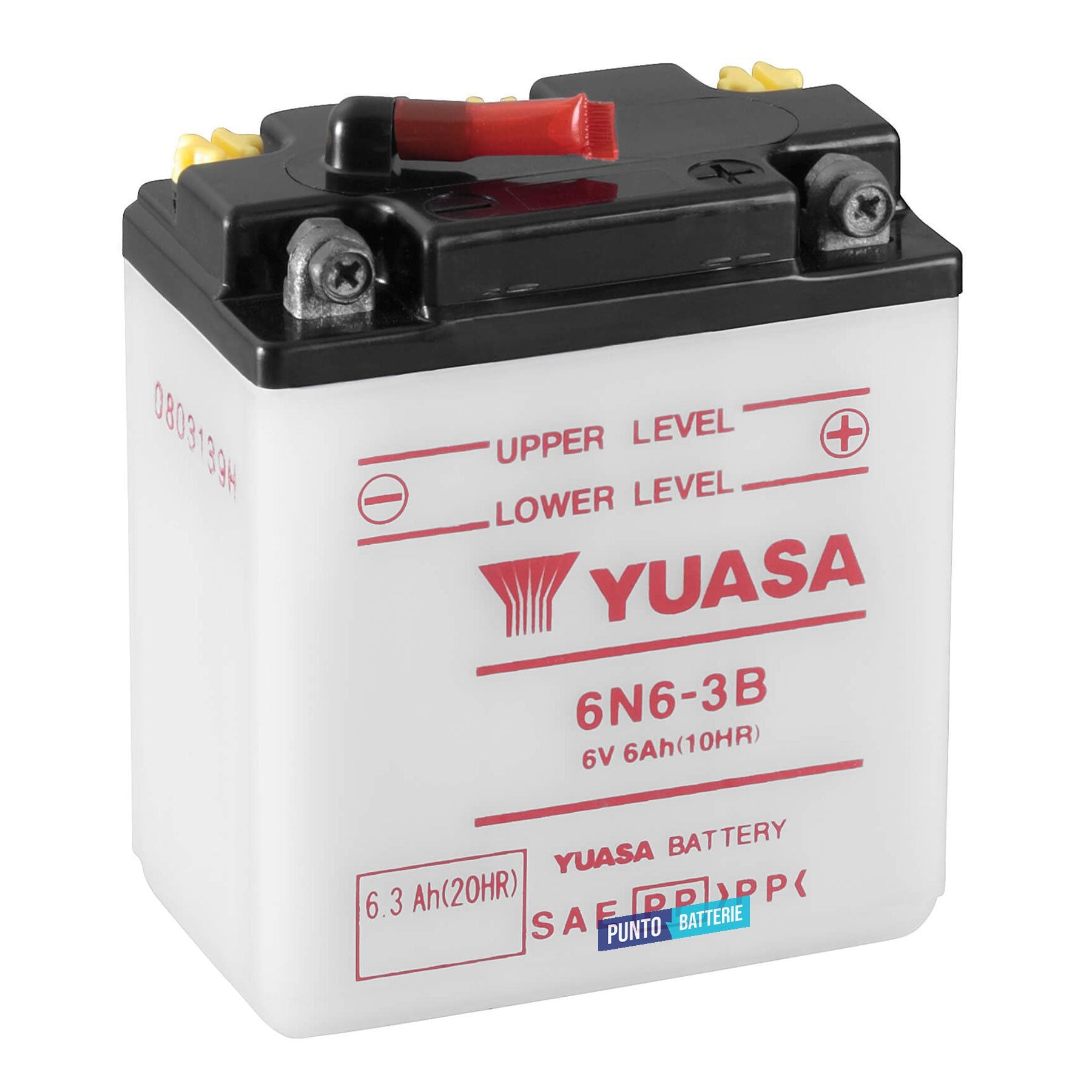 Batteria originale Yuasa Conventional 6N6-3B, dimensioni 99 x 57 x 111, polo positivo a destra, 6 volt, 6 amperora. Batteria per moto, scooter e powersport.