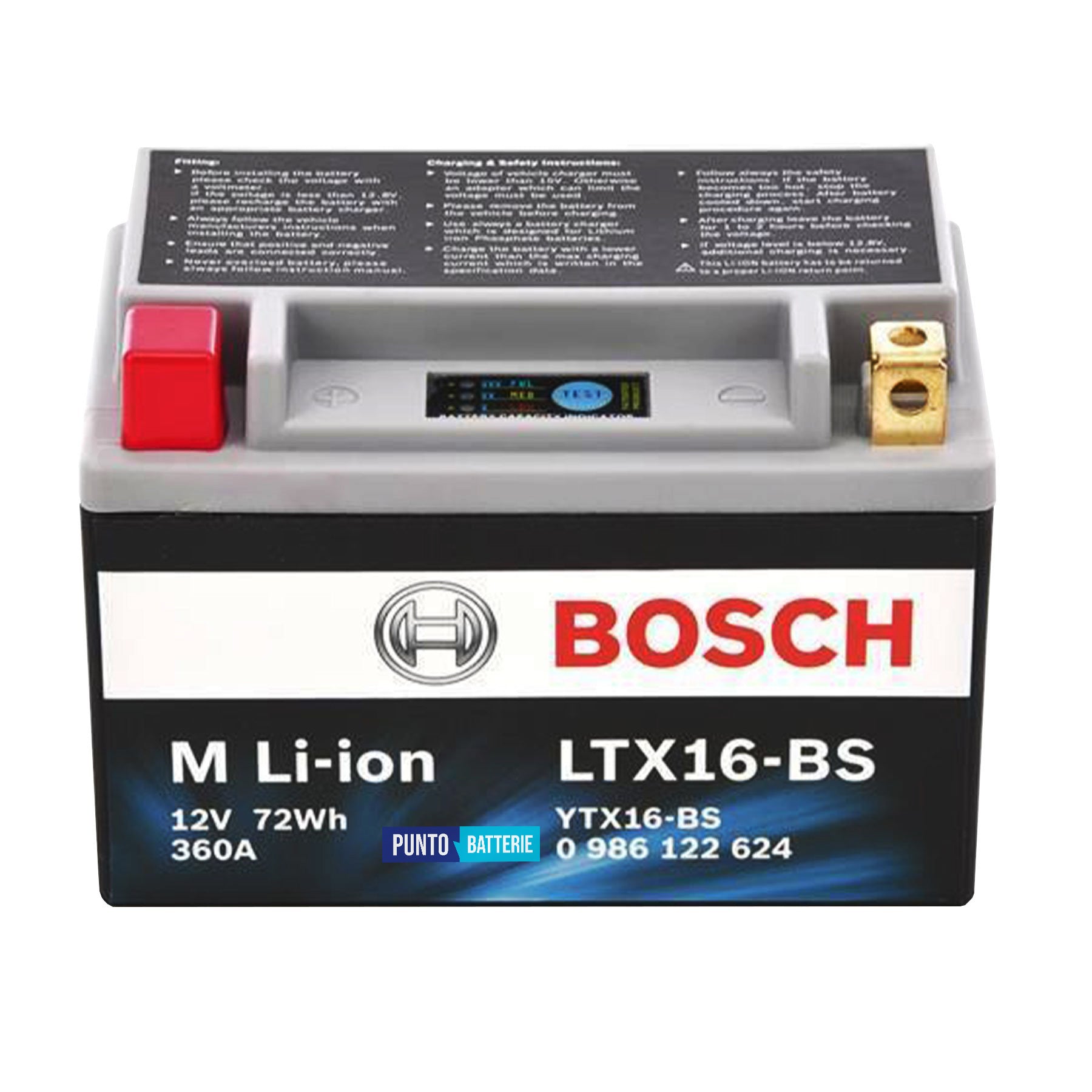 Batteria originale Bosch M Li-ion LTX16-BS, dimensioni 150 x 87 x 143, polo positivo a sinistra, 12 volt, 6 amperora, 360 ampere. Batteria per moto, scooter e powersport.