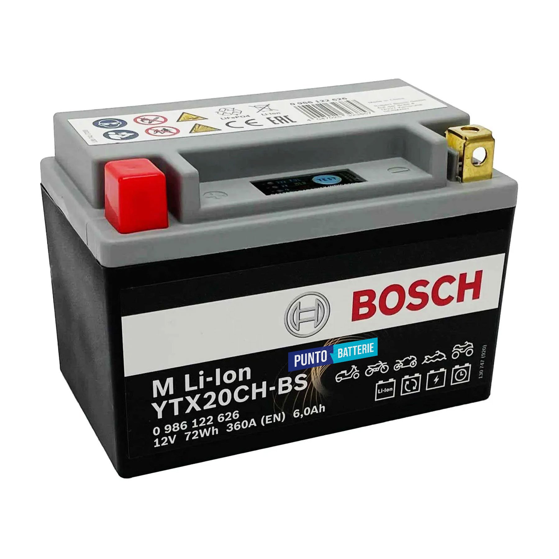 Batteria originale Bosch M Li-ion LTX20CH-BS, dimensioni 150 x 87 x 164, polo positivo a sinistra, 12 volt, 6 amperora, 360 ampere. Batteria per moto, scooter e powersport.