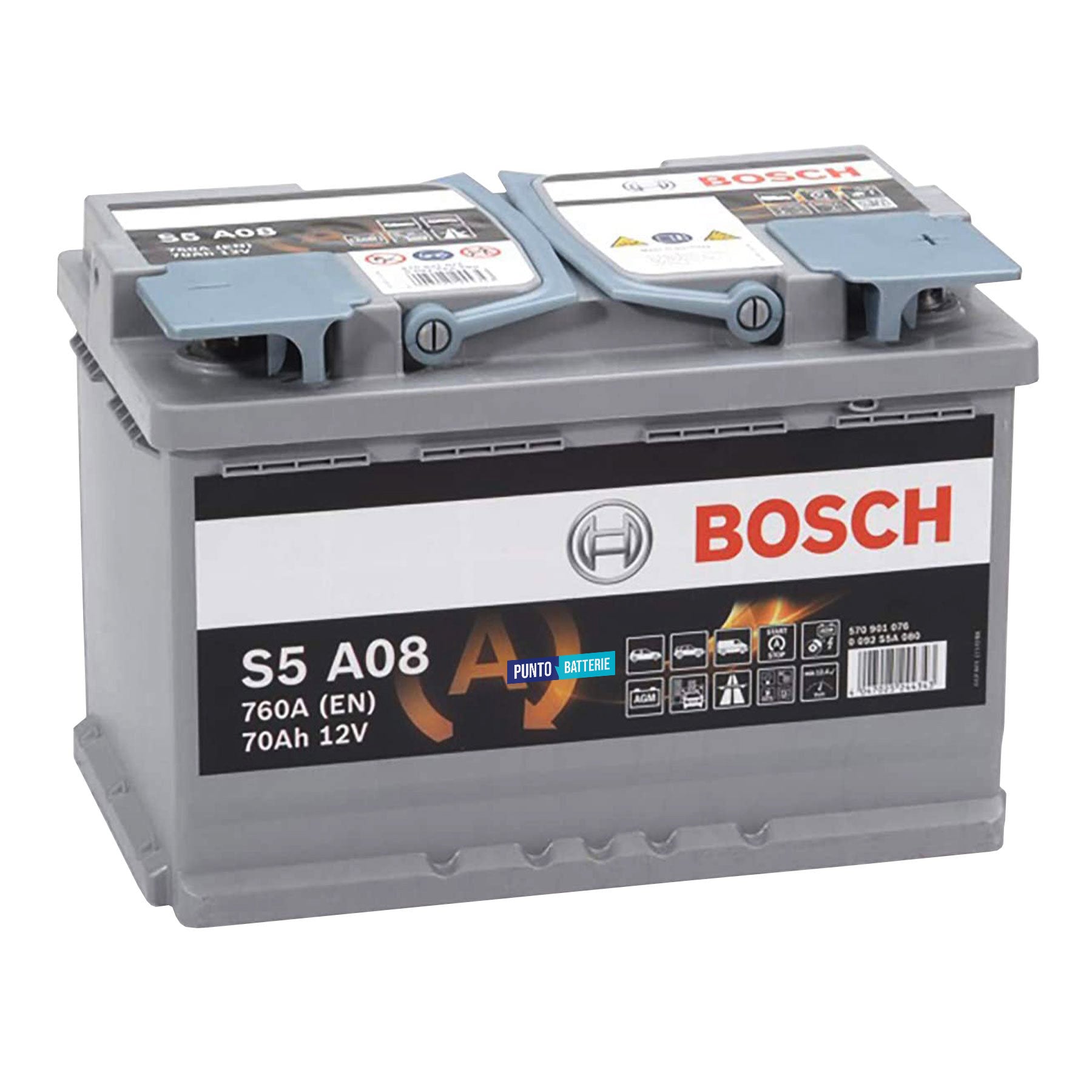 Batteria originale Bosch S5A S5 A08, dimensioni 278 x 175 x 190, polo positivo a destra, 12 volt, 70 amperora, 760 ampere, AGM. Batteria per auto e veicoli leggeri con start e stop.