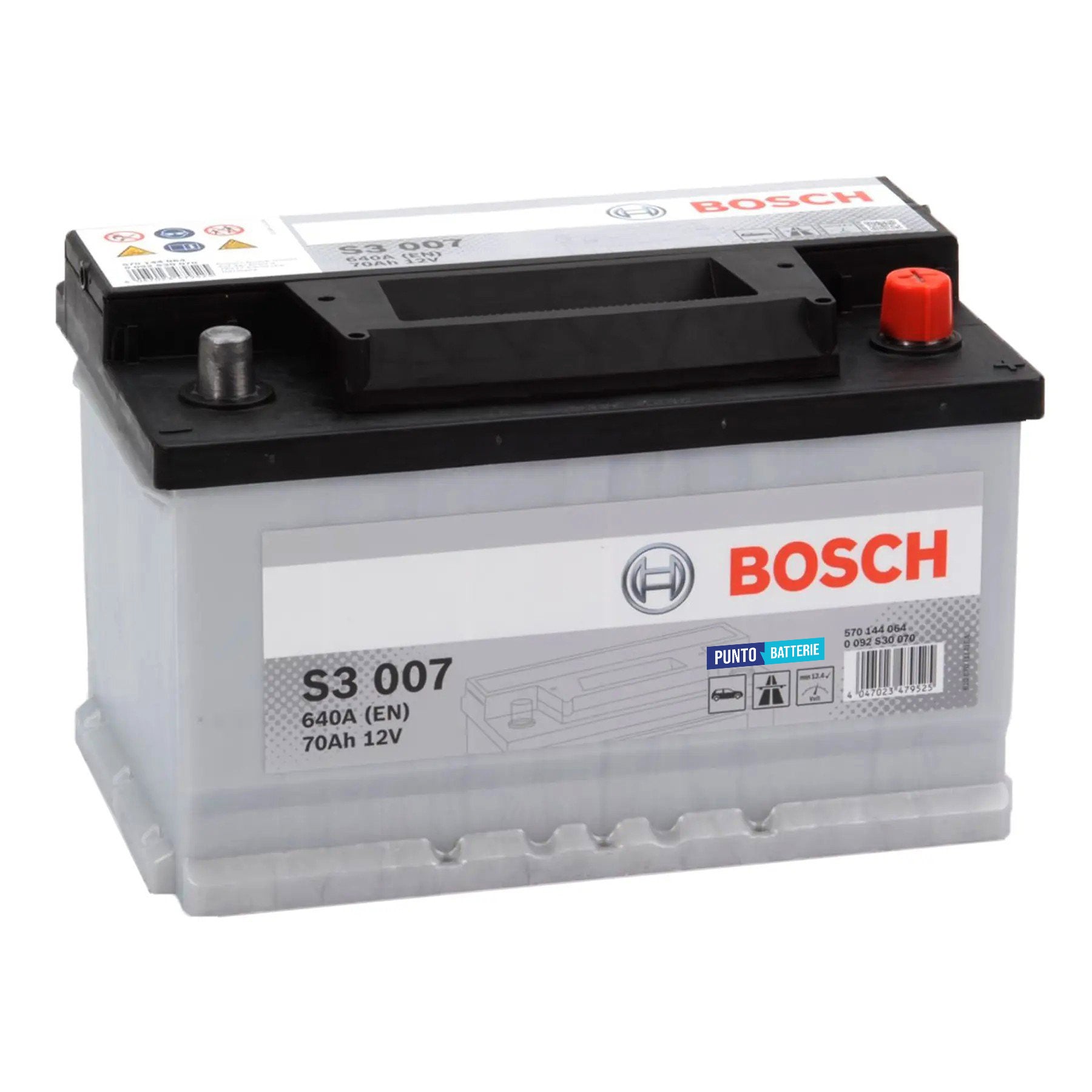 Batteria originale Bosch S3 S3 007, dimensioni 278 x 175 x 175, polo positivo a destra, 12 volt, 70 amperora, 640 ampere. Batteria per auto e veicoli leggeri.