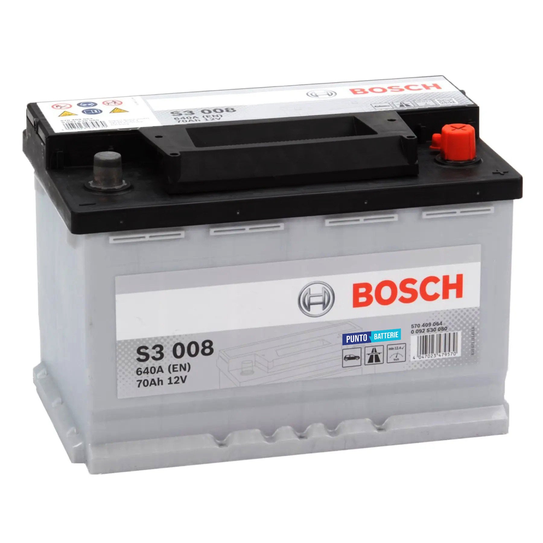 Batteria originale Bosch S3 S3 008, dimensioni 278 x 175 x 190, polo positivo a destra, 12 volt, 70 amperora, 640 ampere. Batteria per auto e veicoli leggeri.