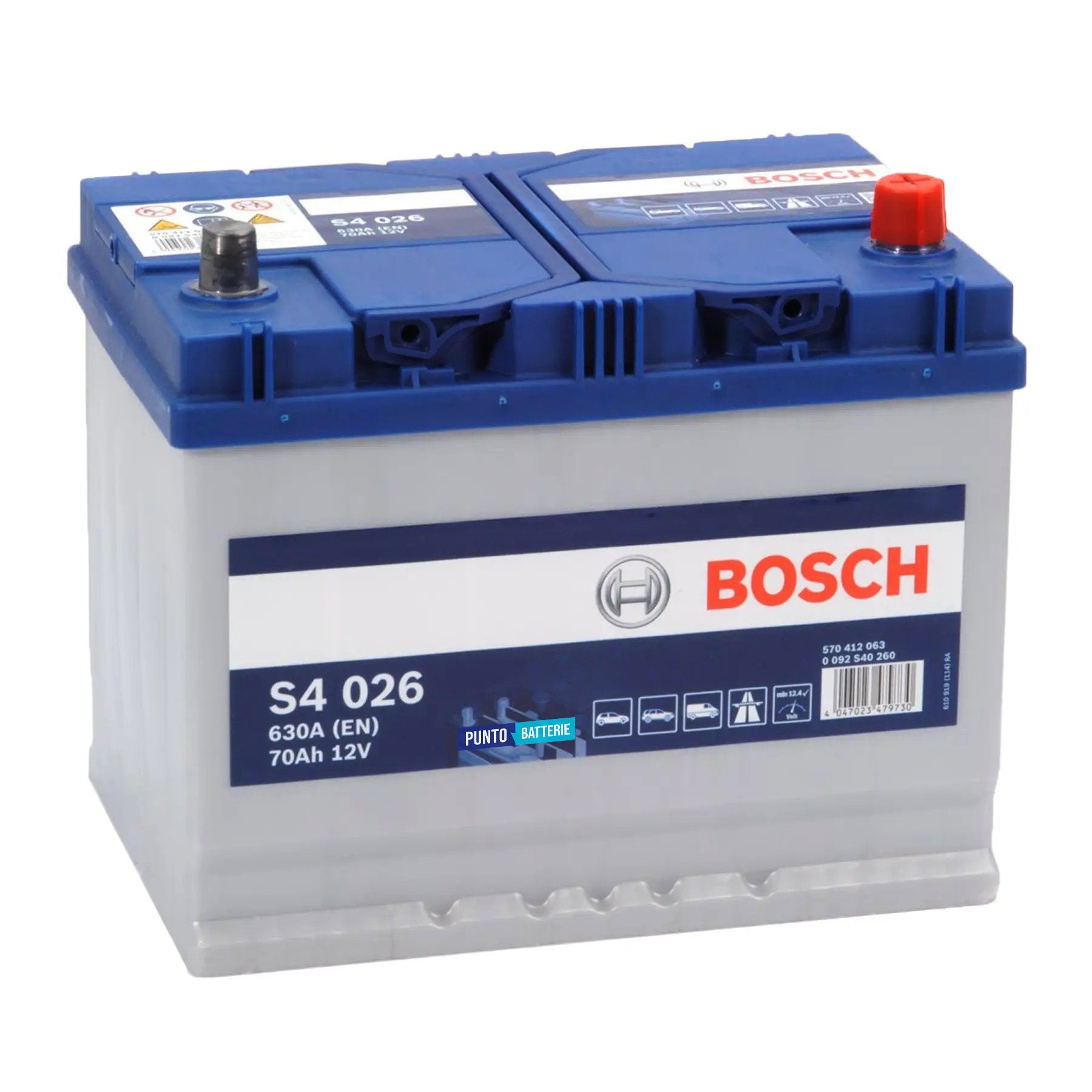 Batteria originale Bosch S4 S4 026, dimensioni 260 x 175 x 225, polo positivo a destra, 12 volt, 70 amperora, 630 ampere. Batteria per auto e veicoli leggeri.