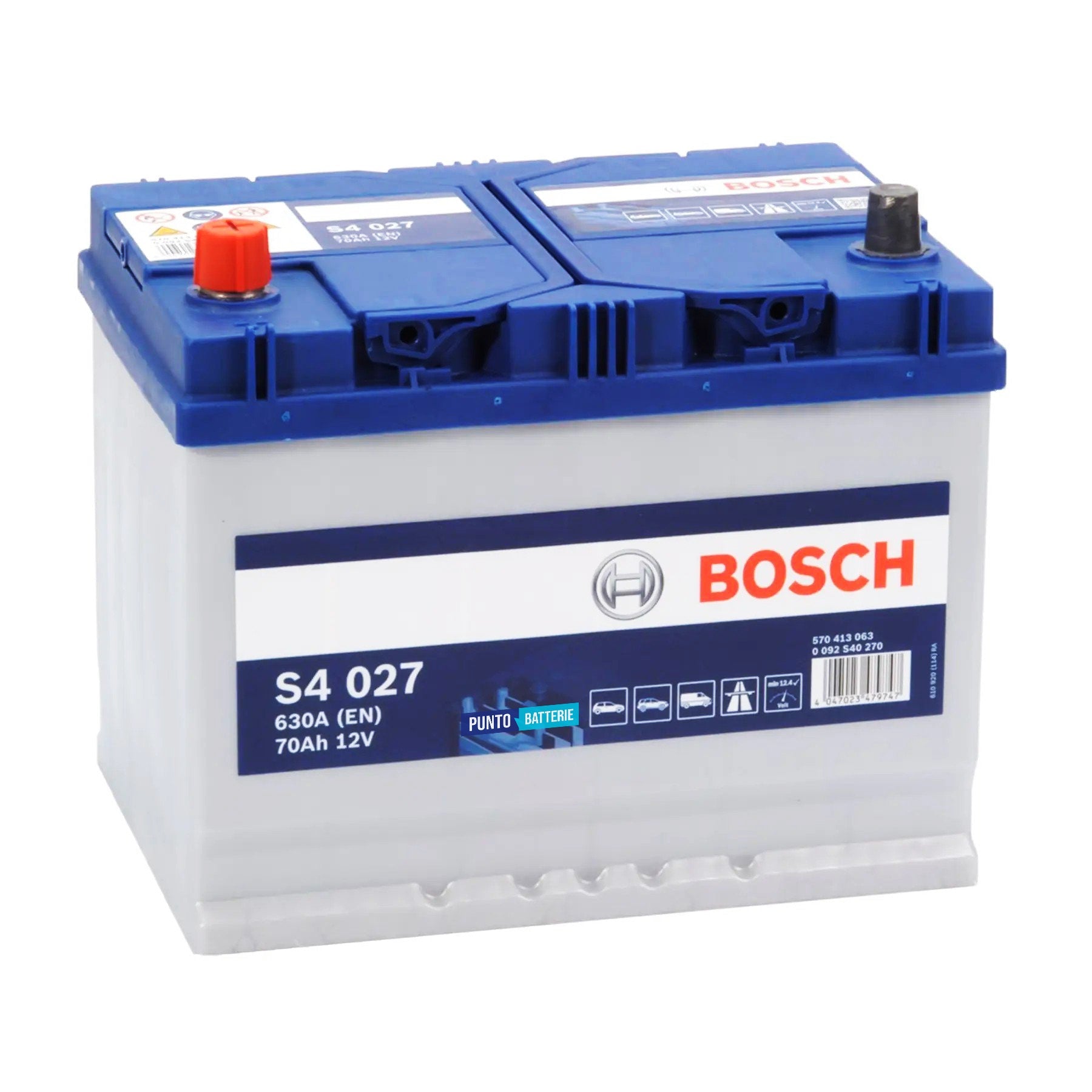 Batteria originale Bosch S4 S4 027, dimensioni 260 x 175 x 225, polo positivo a sinistra, 12 volt, 70 amperora, 630 ampere. Batteria per auto e veicoli leggeri.