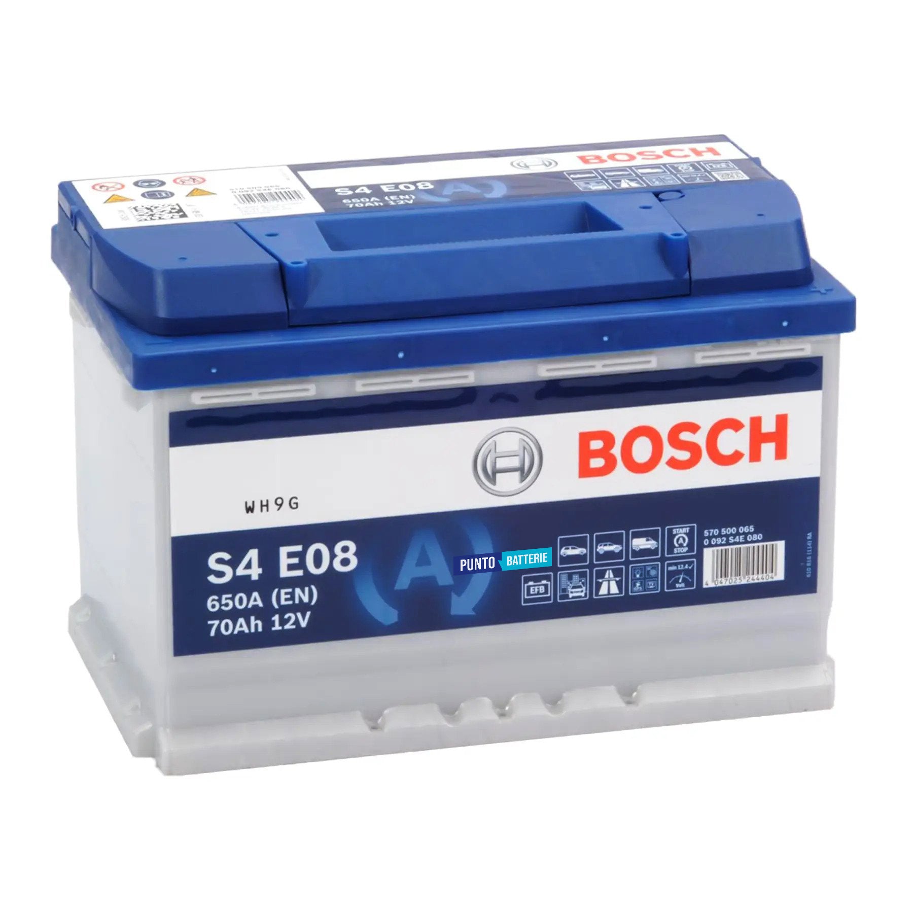 Batteria originale Bosch S4E S4 E08, dimensioni 278 x 175 x 190, polo positivo a destra, 12 volt, 70 amperora, 760 ampere, EFB. Batteria per auto e veicoli leggeri con start e stop.