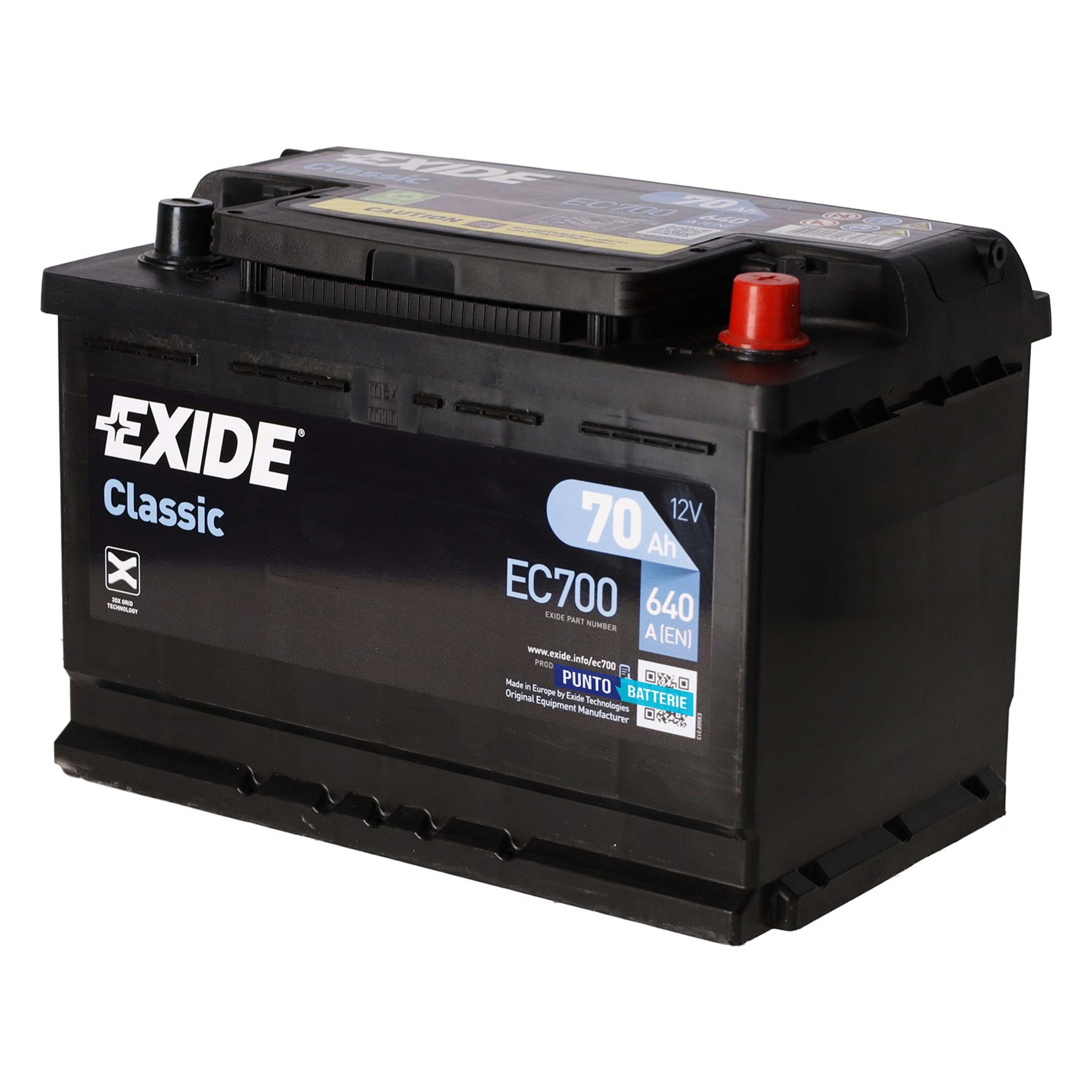 Batteria originale Exide Classic EC700, dimensioni 278 x 175 x 190, polo positivo a destra, 12 volt, 70 amperora, 640 ampere. Batteria per auto e veicoli leggeri.