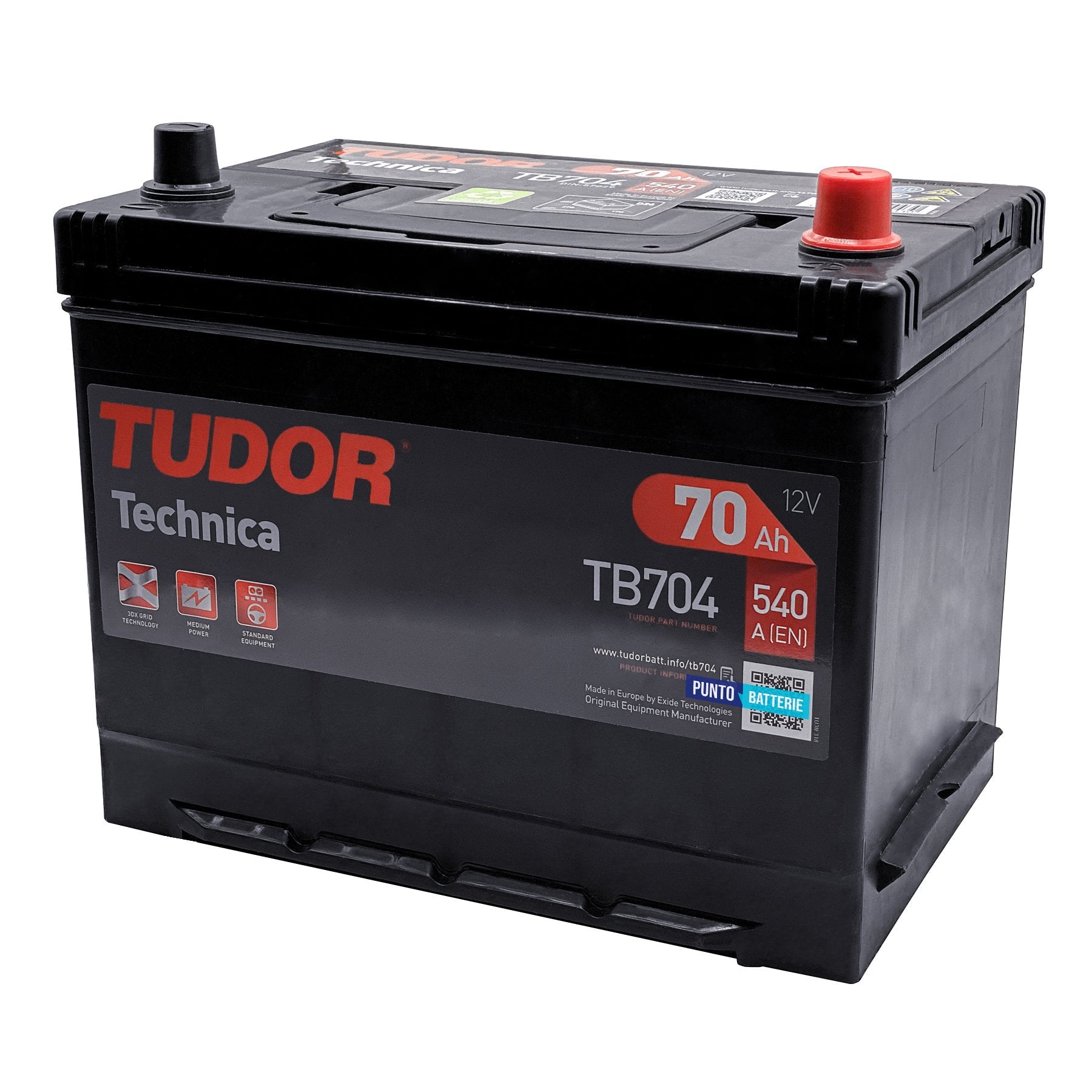 Batteria originale Tudor Technica TB704, dimensioni 270 x 173 x 222, polo positivo a destra, 12 volt, 70 amperora, 540 ampere. Batteria per auto e veicoli leggeri.