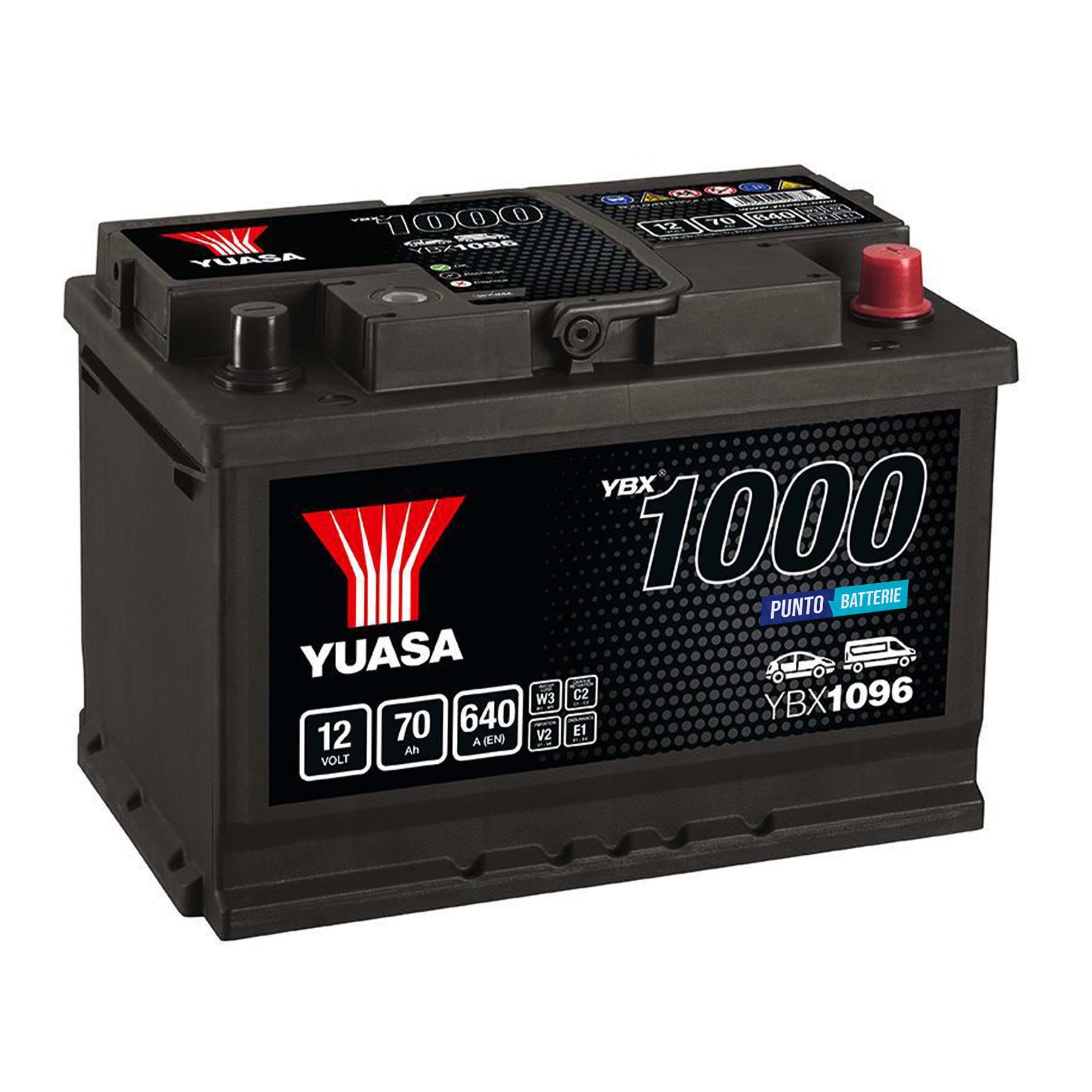 Batteria originale Yuasa YBX1000 YBX1096, dimensioni 278 x 175 x 190, polo positivo a destra, 12 volt, 70 amperora, 640 ampere. Batteria per auto e veicoli leggeri.