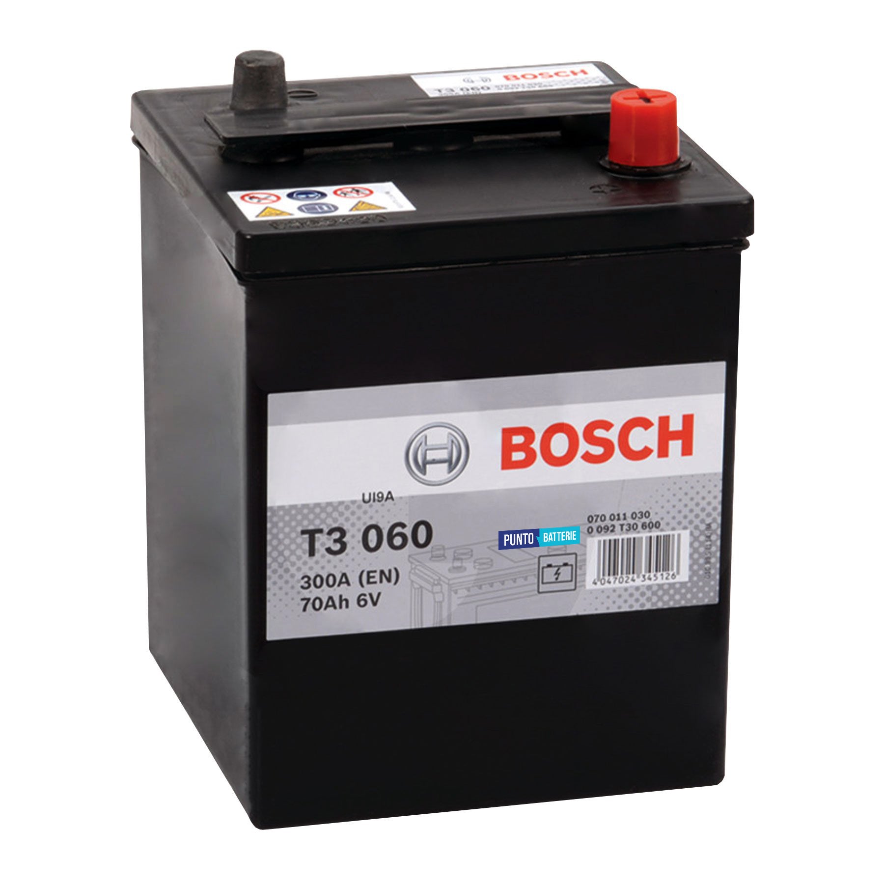 Batteria originale Bosch T3 T3060, dimensioni 175 x 167 x 220, polo positivo a destra, 6 volt, 70 amperora, 300 ampere. Batteria per camion e veicoli pesanti.