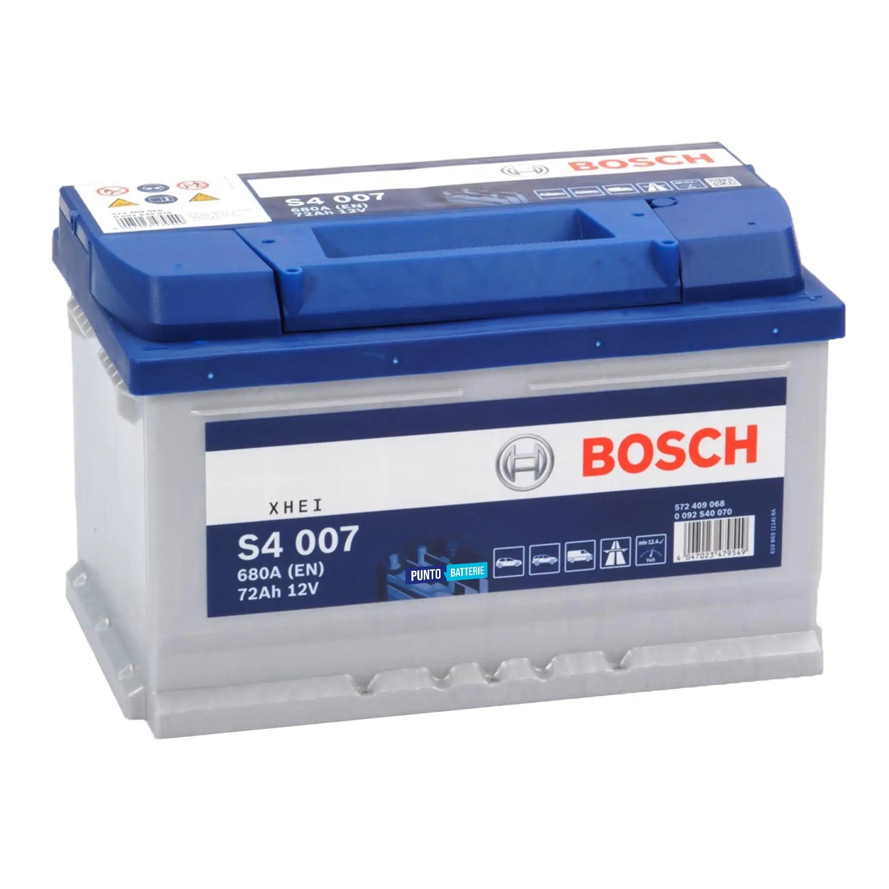 Batteria originale Bosch S4 S4 007, dimensioni 278 x 175 x 175, polo positivo a destra, 12 volt, 72 amperora, 680 ampere. Batteria per auto e veicoli leggeri.