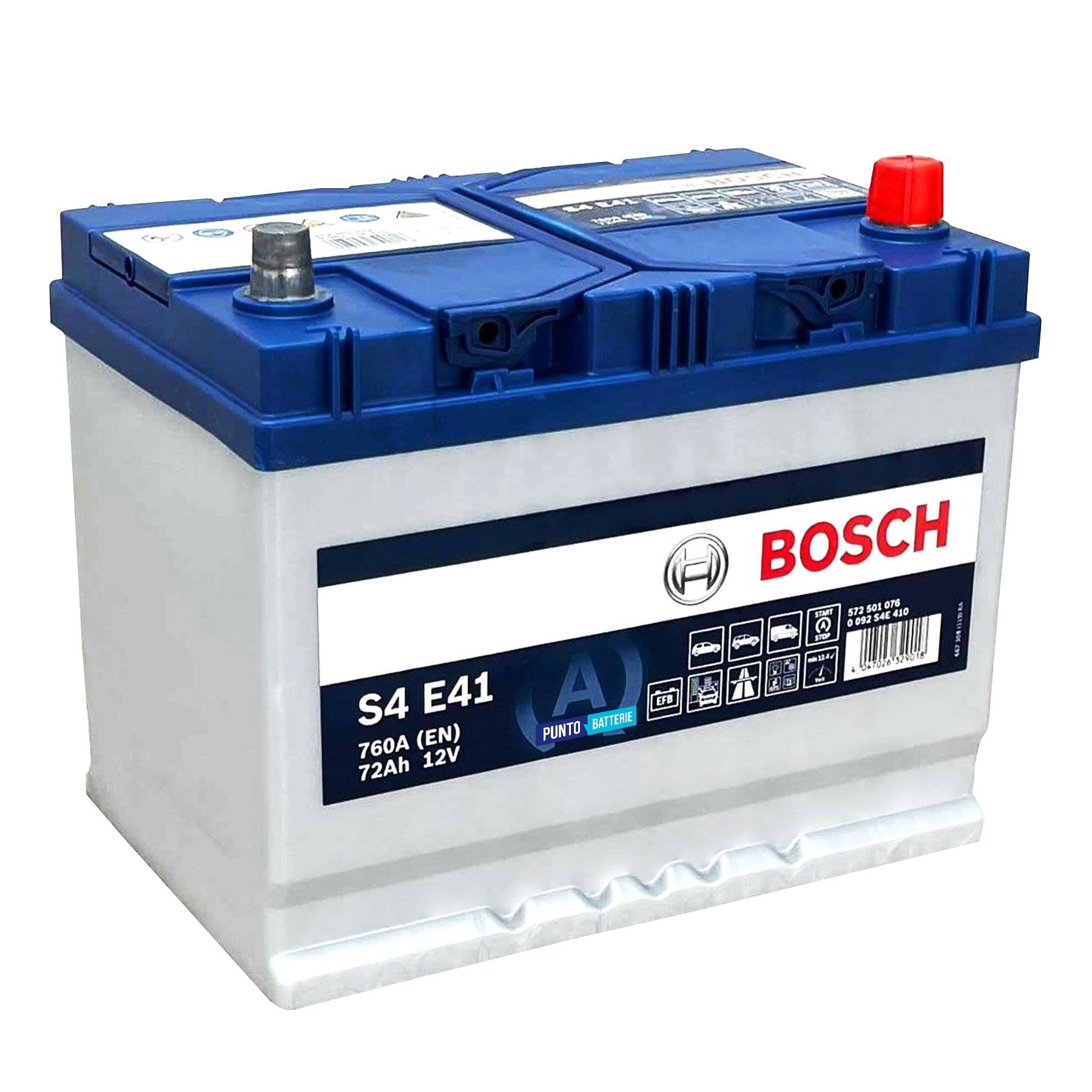 Batteria originale Bosch S4E S4 E41, dimensioni 260.7 x 175 x 218.5, polo positivo a destra, 12 volt, 72 amperora, 760 ampere, EFB. Batteria per auto e veicoli leggeri con start e stop.