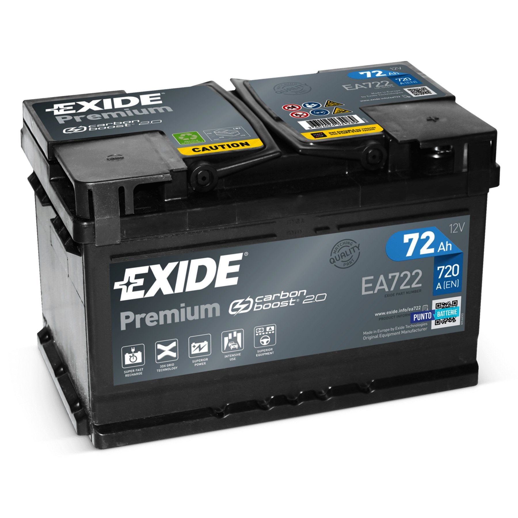 Batteria originale Exide Premium EA722, dimensioni 278 x 175 x 175, polo positivo a destra, 12 volt, 72 amperora, 720 ampere. Batteria per auto e veicoli leggeri.