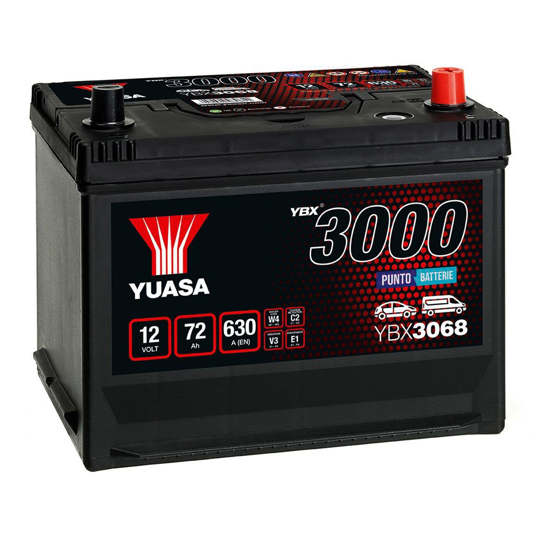 Batteria originale Yuasa YBX3000 YBX3068, dimensioni 269 x 174 x 223, polo positivo a destra, 12 volt, 72 amperora, 630 ampere. Batteria per auto e veicoli leggeri.