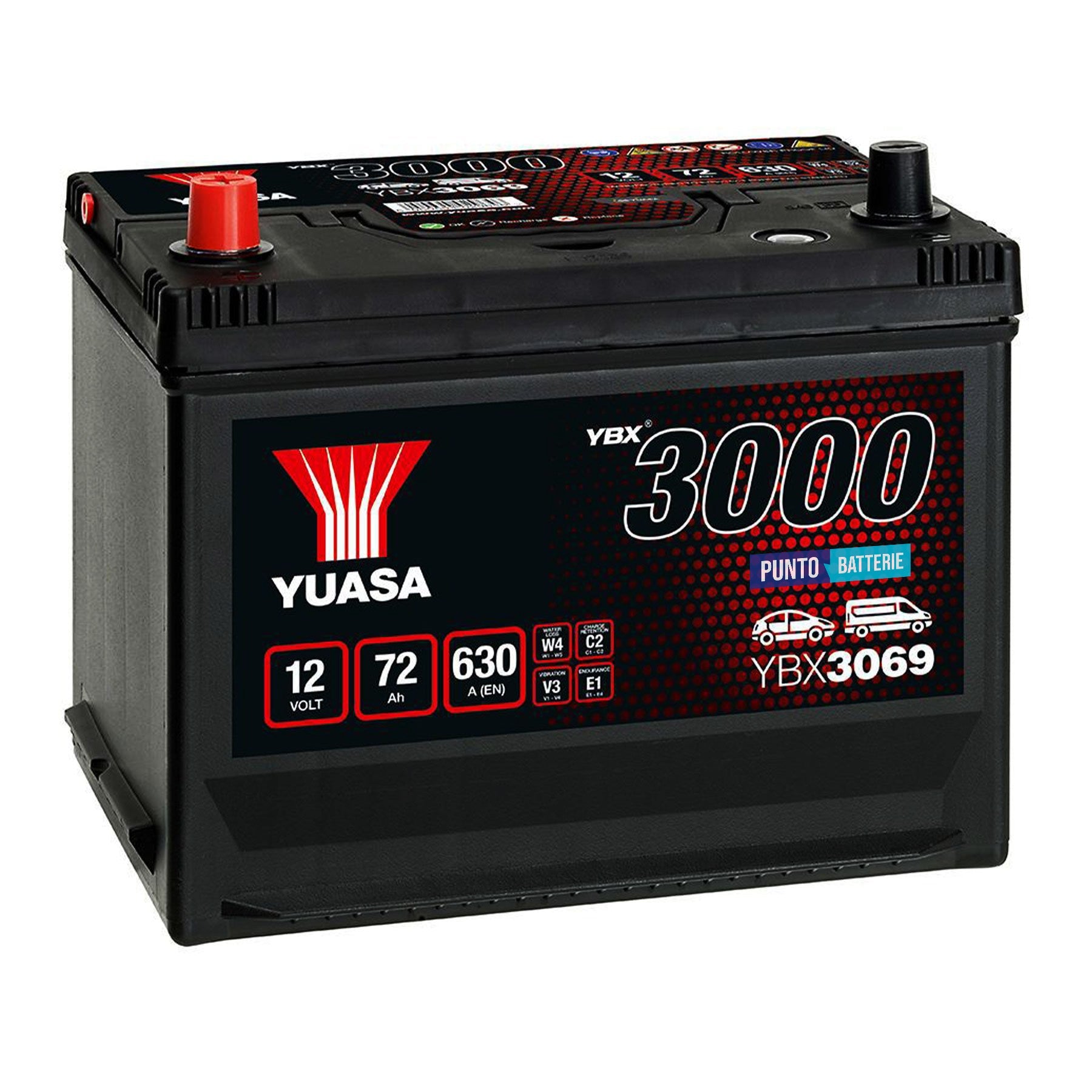 Batteria originale Yuasa YBX3000 YBX3069, dimensioni 269 x 174 x 223, polo positivo a sinistra, 12 volt, 72 amperora, 630 ampere. Batteria per auto e veicoli leggeri.