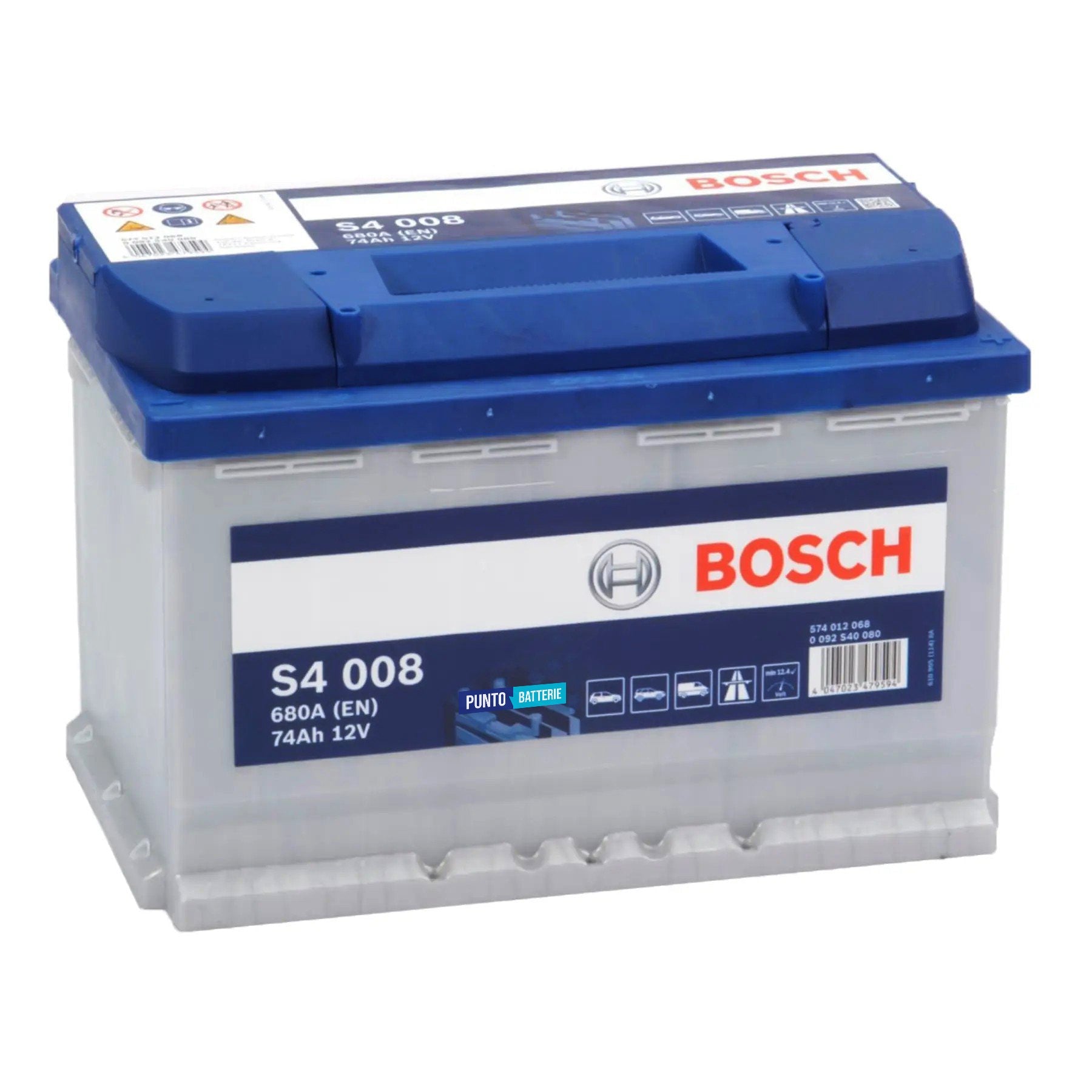 Batteria originale Bosch S4 S4 008, dimensioni 278 x 175 x 190, polo positivo a destra, 12 volt, 74 amperora, 680 ampere. Batteria per auto e veicoli leggeri.