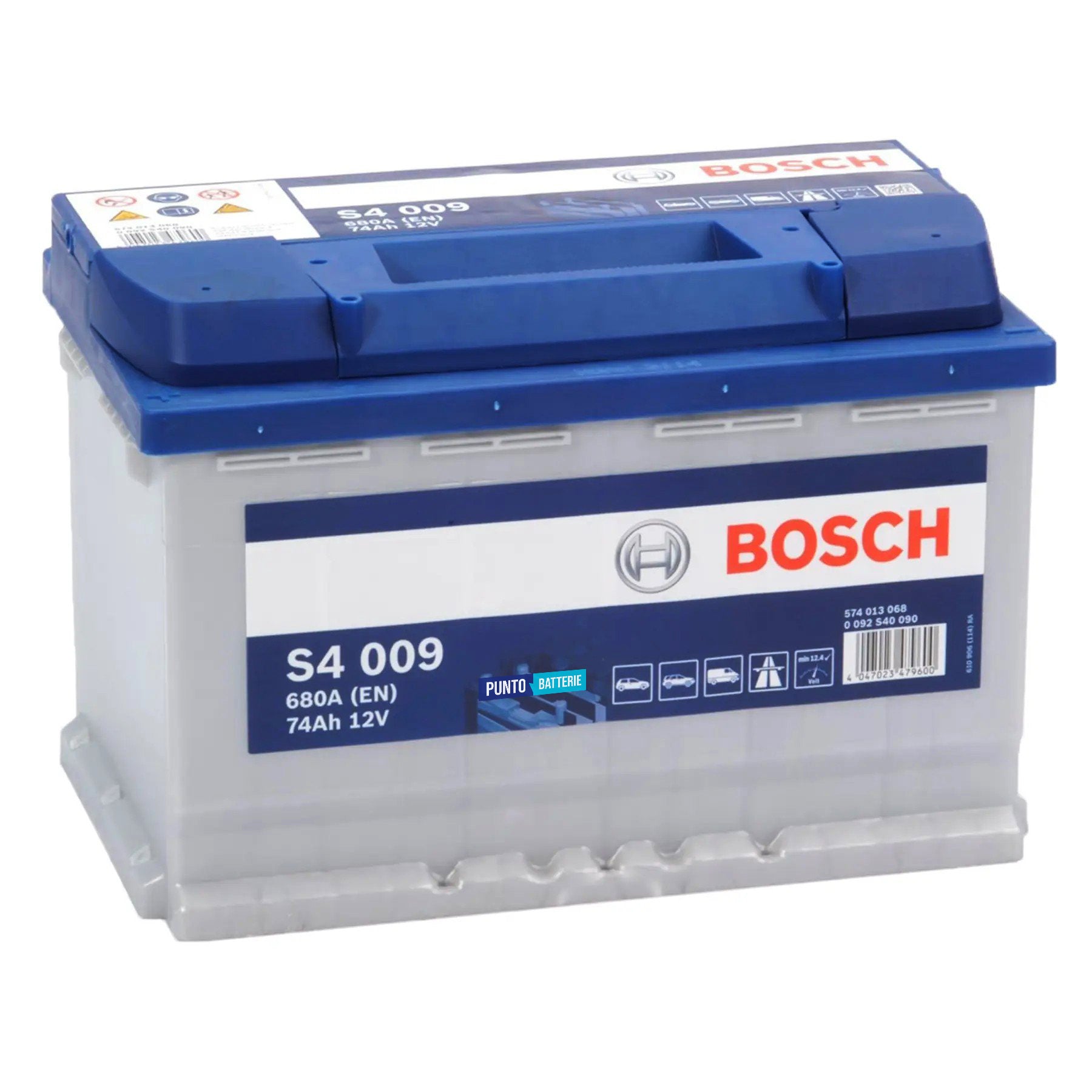 Batteria originale Bosch S4 S4 009, dimensioni 278 x 175 x 190, polo positivo a sinistra, 12 volt, 74 amperora, 680 ampere. Batteria per auto e veicoli leggeri.