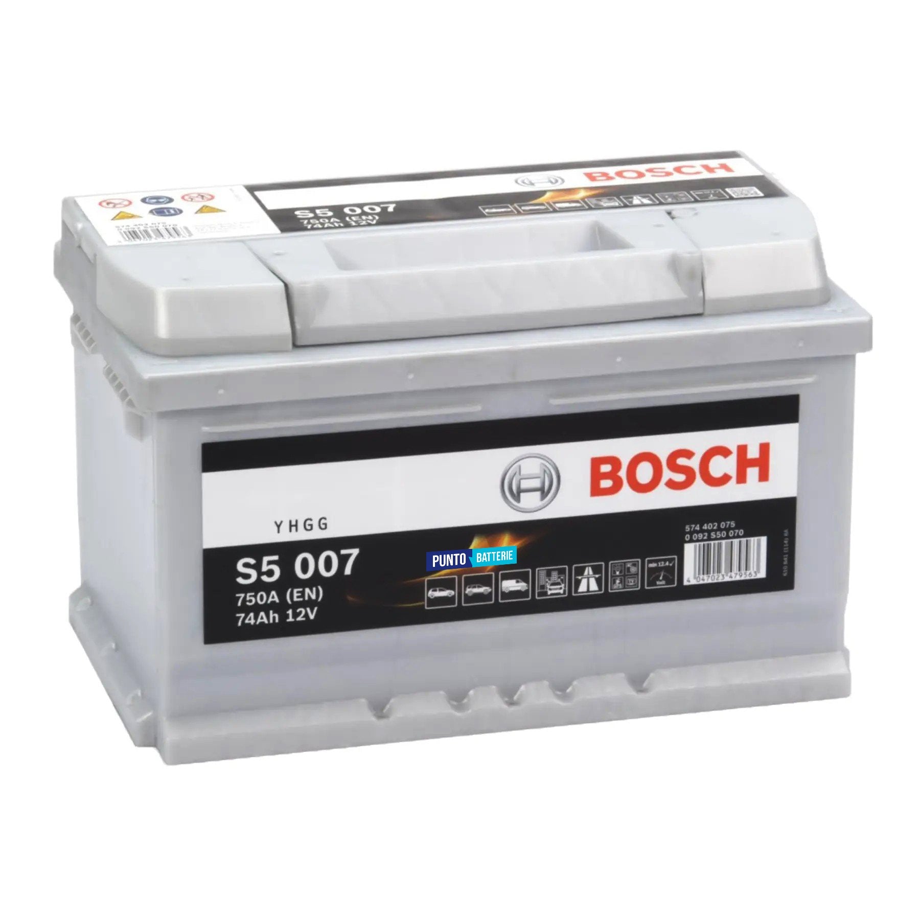 Batteria originale Bosch S5 S5 007, dimensioni 278 x 175 x 175, polo positivo a destra, 12 volt, 74 amperora, 750 ampere. Batteria per auto e veicoli leggeri.