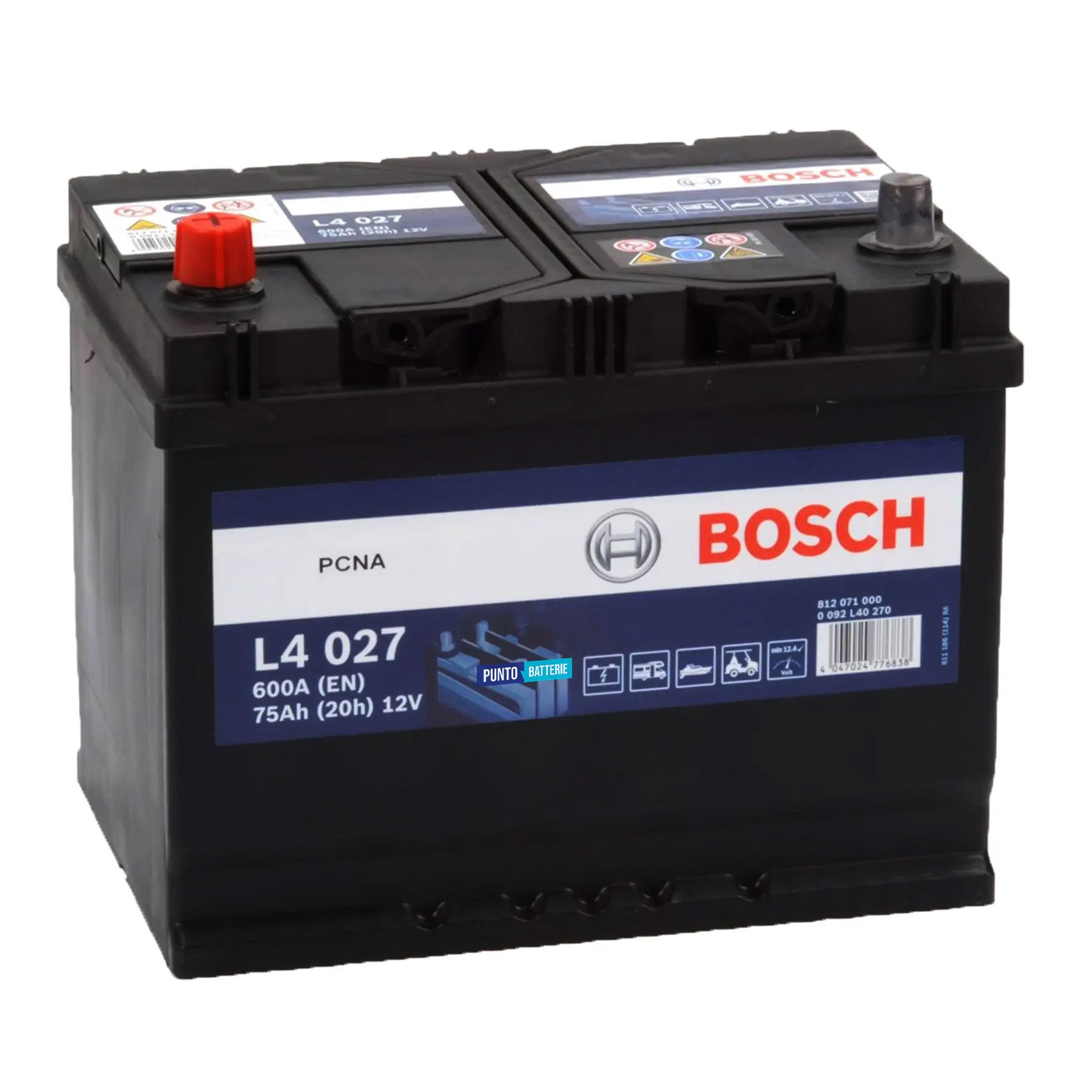 Batteria originale Bosch L4 L4 027, dimensioni 272 x 175 x 225, 12 volt, 75 amperora. Batteria per servizi di camper, barca e applicazioni a scarica lenta.