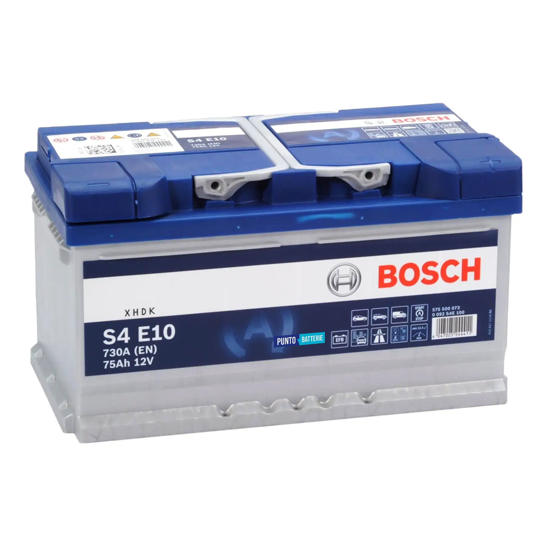 Batteria originale Bosch S4E S4 E10, dimensioni 315 x 175 x 175, polo positivo a destra, 12 volt, 75 amperora, 800 ampere, EFB. Batteria per auto e veicoli leggeri con start e stop.