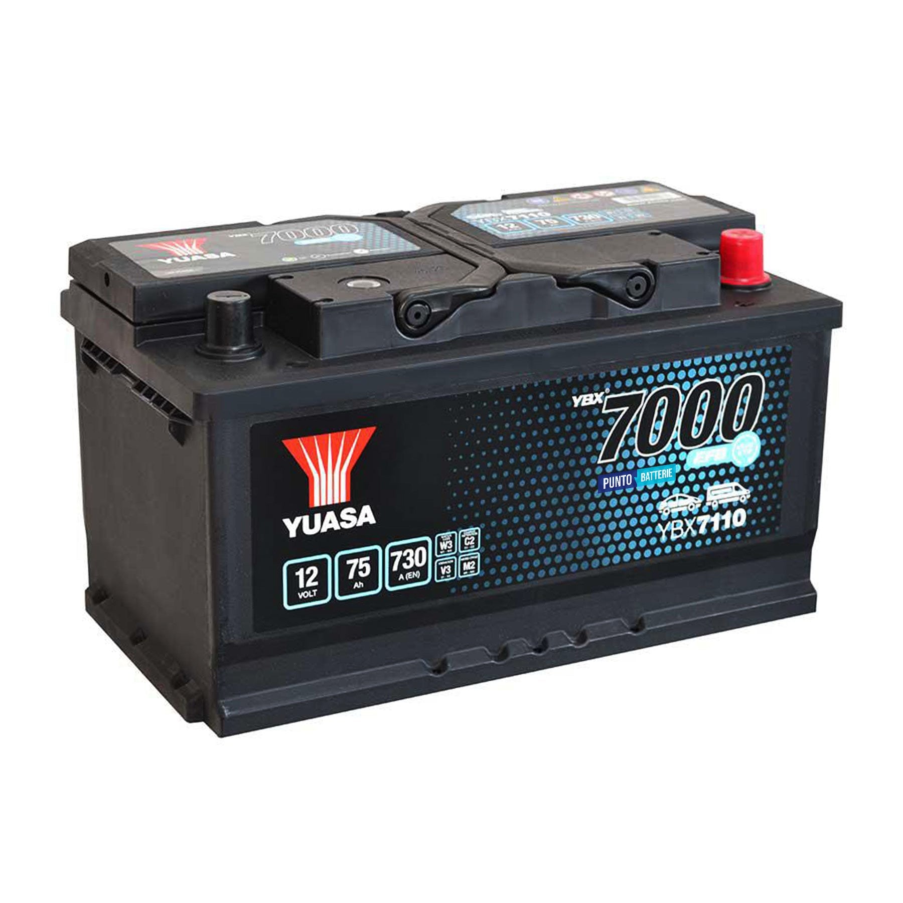 Batteria originale Yuasa YBX7000 YBX7110, dimensioni 315 x 175 x 175, polo positivo a destra, 12 volt, 75 amperora, 730 ampere, EFB. Batteria per auto e veicoli leggeri con start e stop.