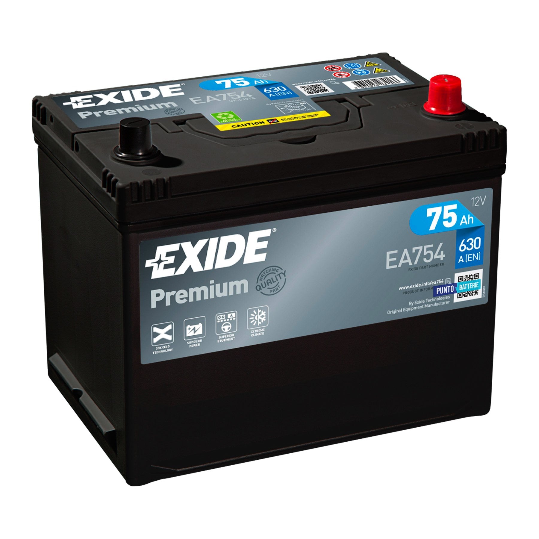 Batteria originale Exide Premium EA754, dimensioni 270 x 173 x 222, polo positivo a destra, 12 volt, 75 amperora, 630 ampere. Batteria per auto e veicoli leggeri.