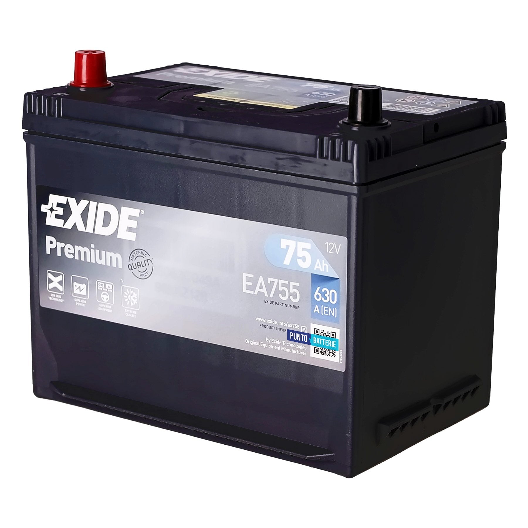 Batteria originale Exide Premium EA755, dimensioni 270 x 173 x 222, polo positivo a sinistra, 12 volt, 75 amperora, 630 ampere. Batteria per auto e veicoli leggeri.