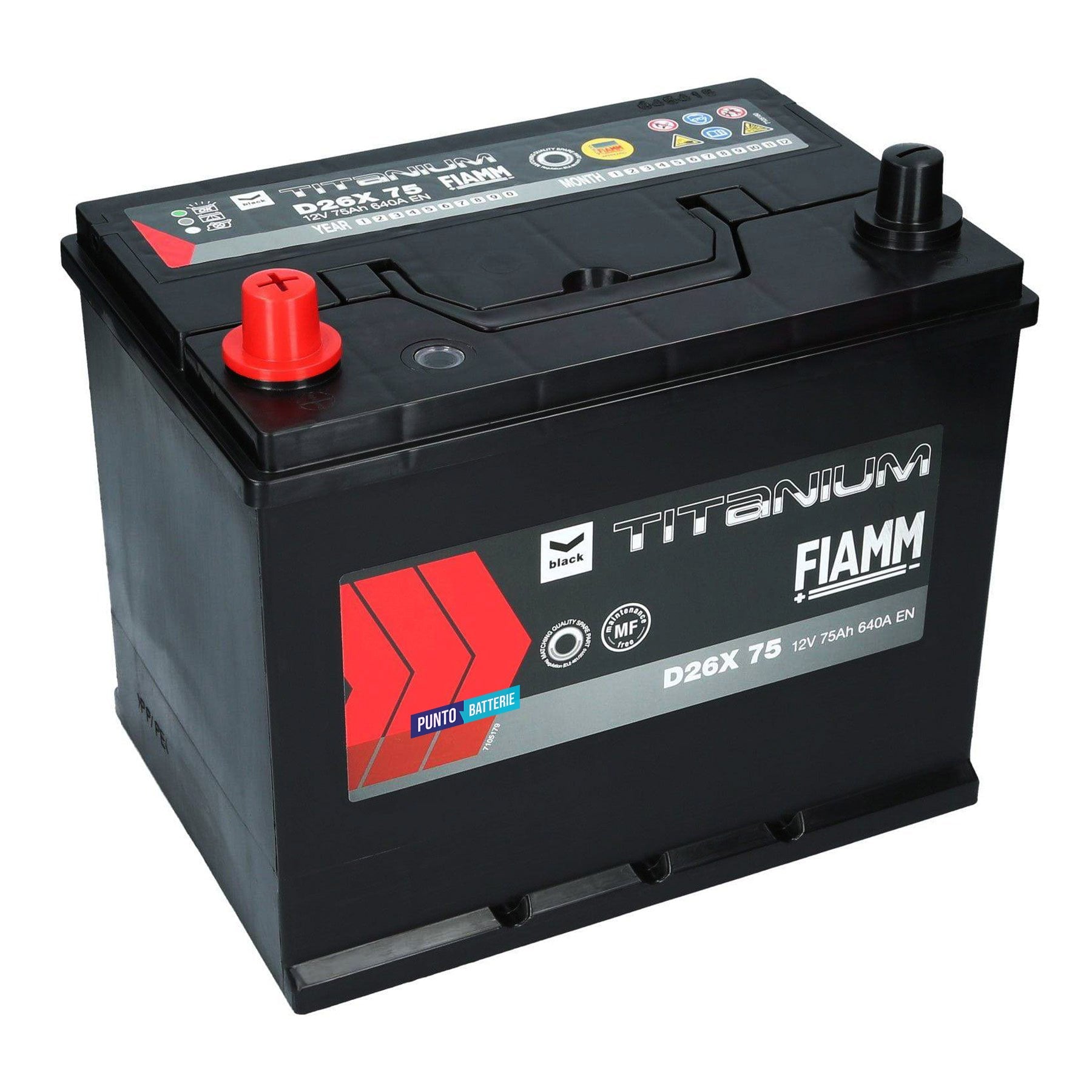 Batteria originale Fiamm Black Titanium D26X 75, dimensioni 259 x 178 x 221, polo positivo a sinistra, 12 volt, 75 amperora, 640 ampere. Batteria per auto e veicoli leggeri.