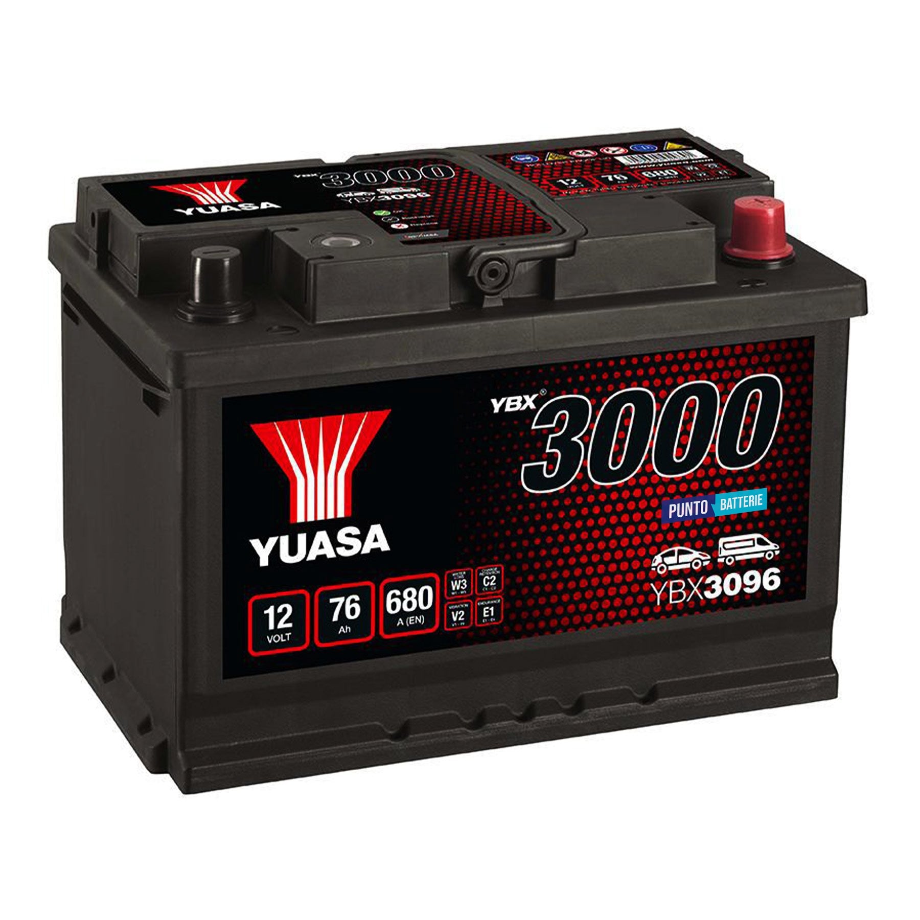 Batteria originale Yuasa YBX3000 YBX3096, dimensioni 278 x 175 x 190, polo positivo a destra, 12 volt, 76 amperora, 680 ampere. Batteria per auto e veicoli leggeri.