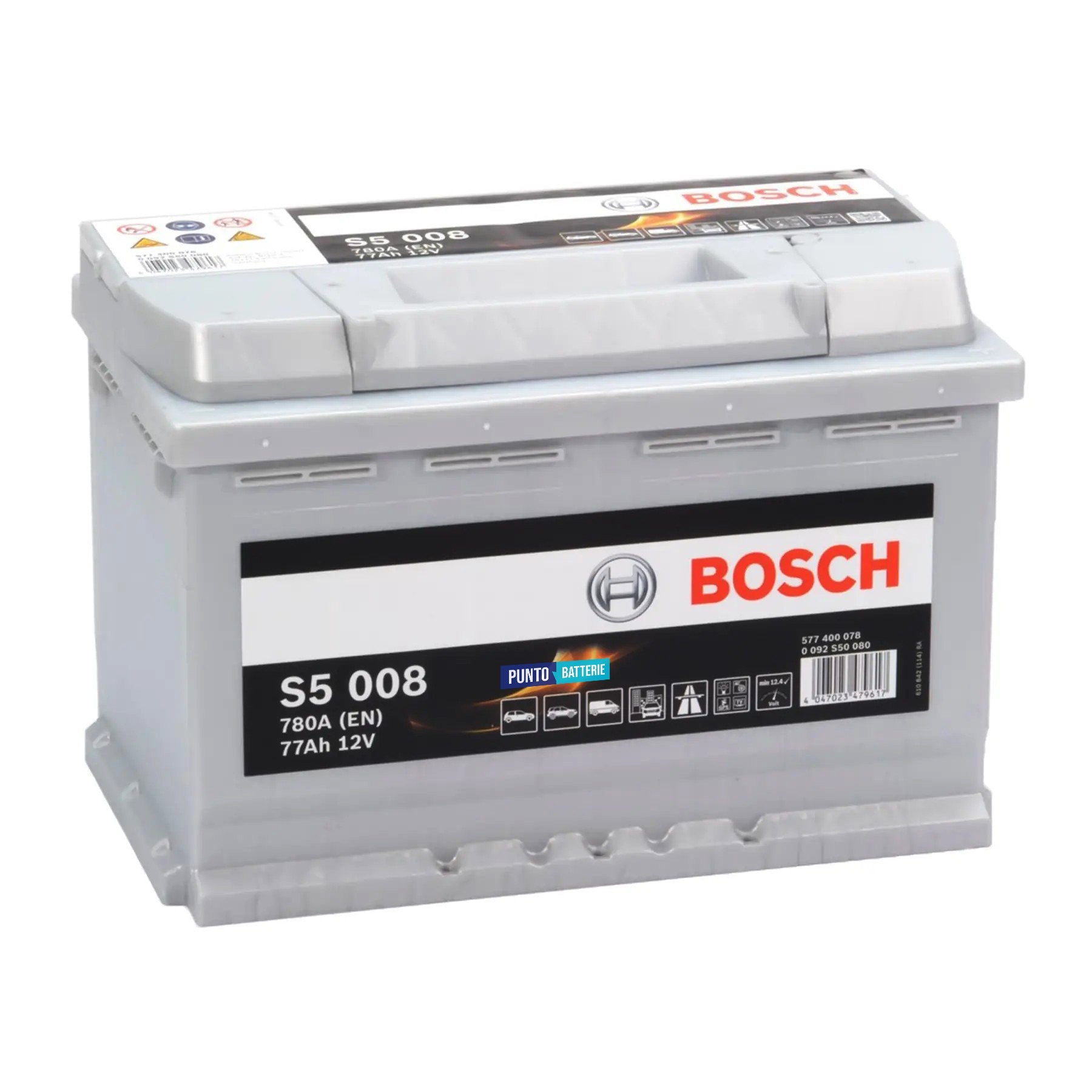 Batteria originale Bosch S5 S5 008, dimensioni 278 x 175 x 190, polo positivo a destra, 12 volt, 77 amperora, 780 ampere. Batteria per auto e veicoli leggeri.
