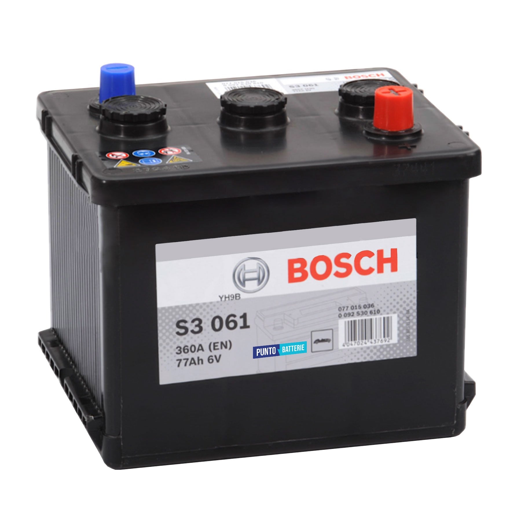 Batteria originale Bosch S3 S3 061, dimensioni 216 x 170 x 191, polo positivo a destra, 6 volt, 77 amperora, 360 ampere. Batteria per auto e veicoli leggeri.