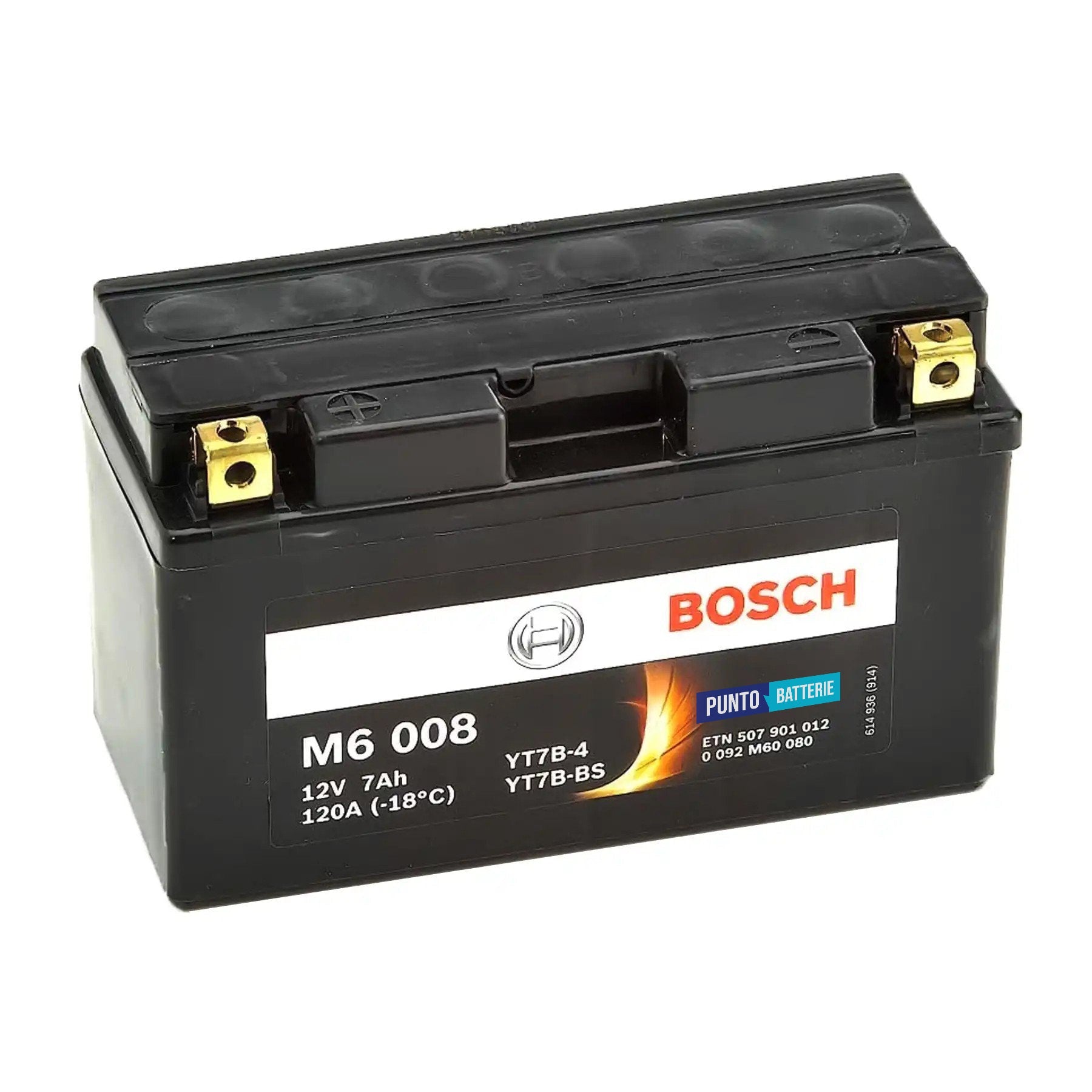 Batteria originale Bosch M6 M6008, dimensioni 150 x 65 x 93, polo positivo a sinistra, 12 volt, 7 amperora, 120 ampere. Batteria per moto, scooter e powersport.