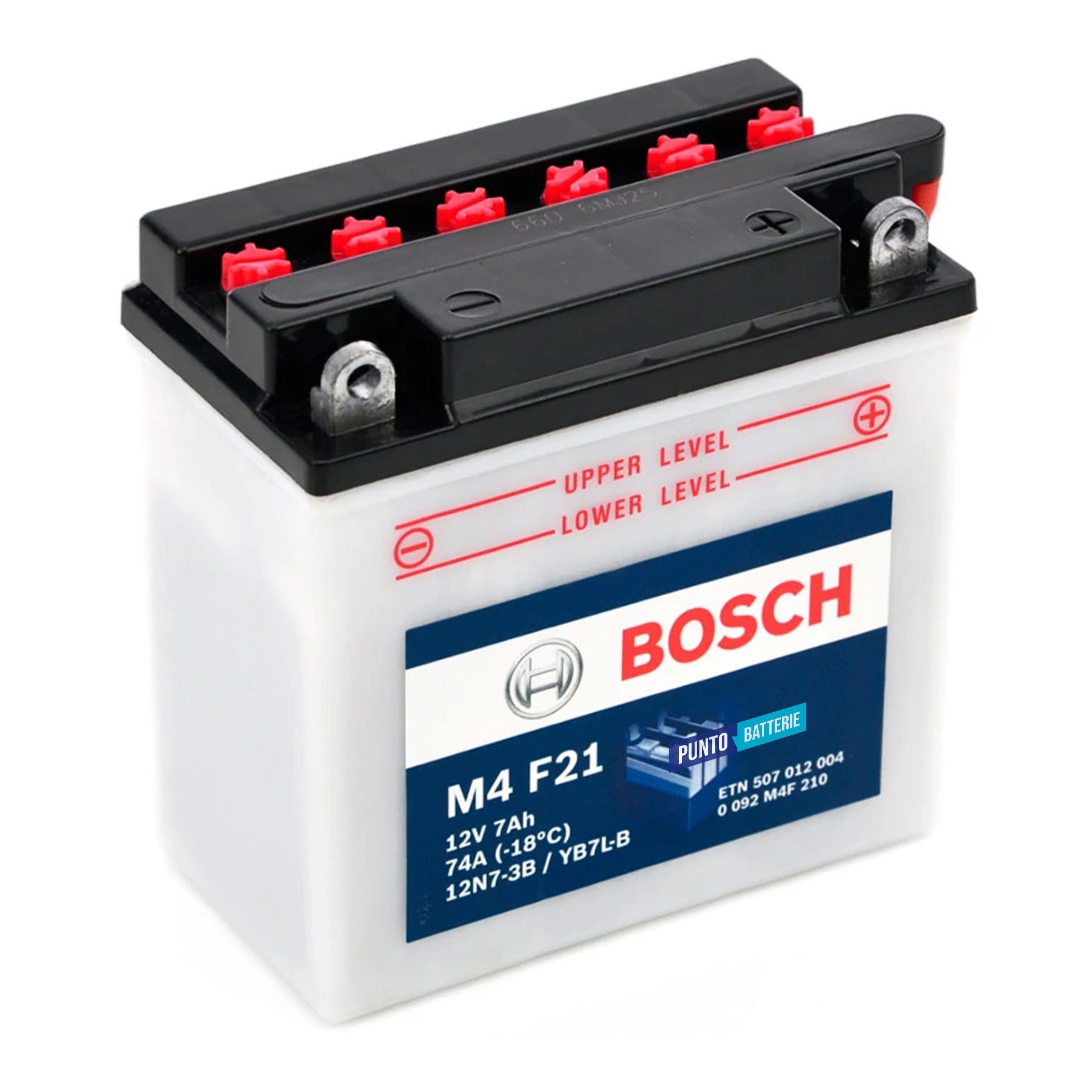 Batteria originale Bosch M4 M4F21, dimensioni 99 x 57 x 111, polo positivo a destra, 12 volt, 7 amperora, 74 ampere. Batteria per moto, scooter e powersport.