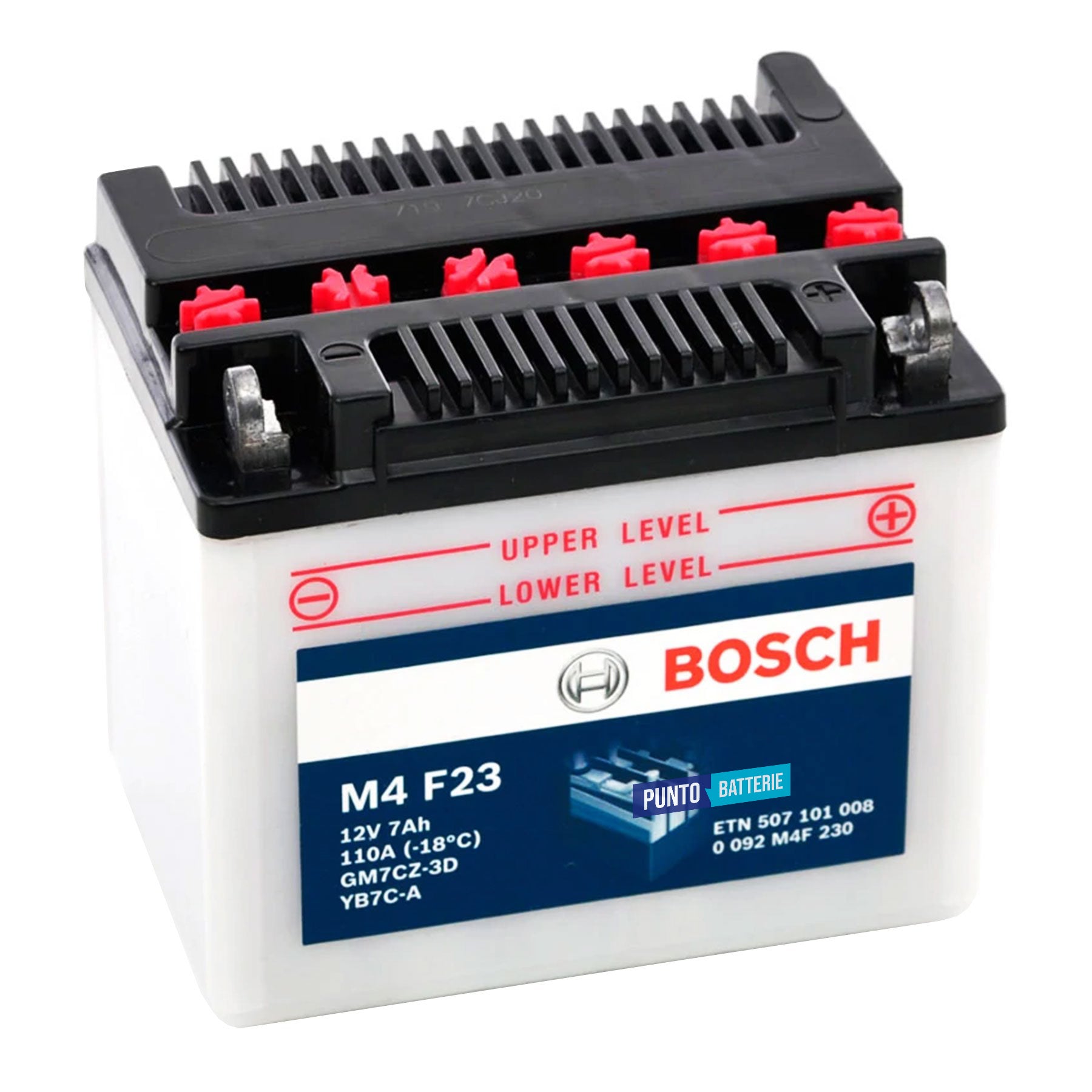 Batteria originale Bosch M4 M4F23, dimensioni 130 x 90 x 114, polo positivo a destra, 12 volt, 7 amperora, 110 ampere. Batteria per moto, scooter e powersport.