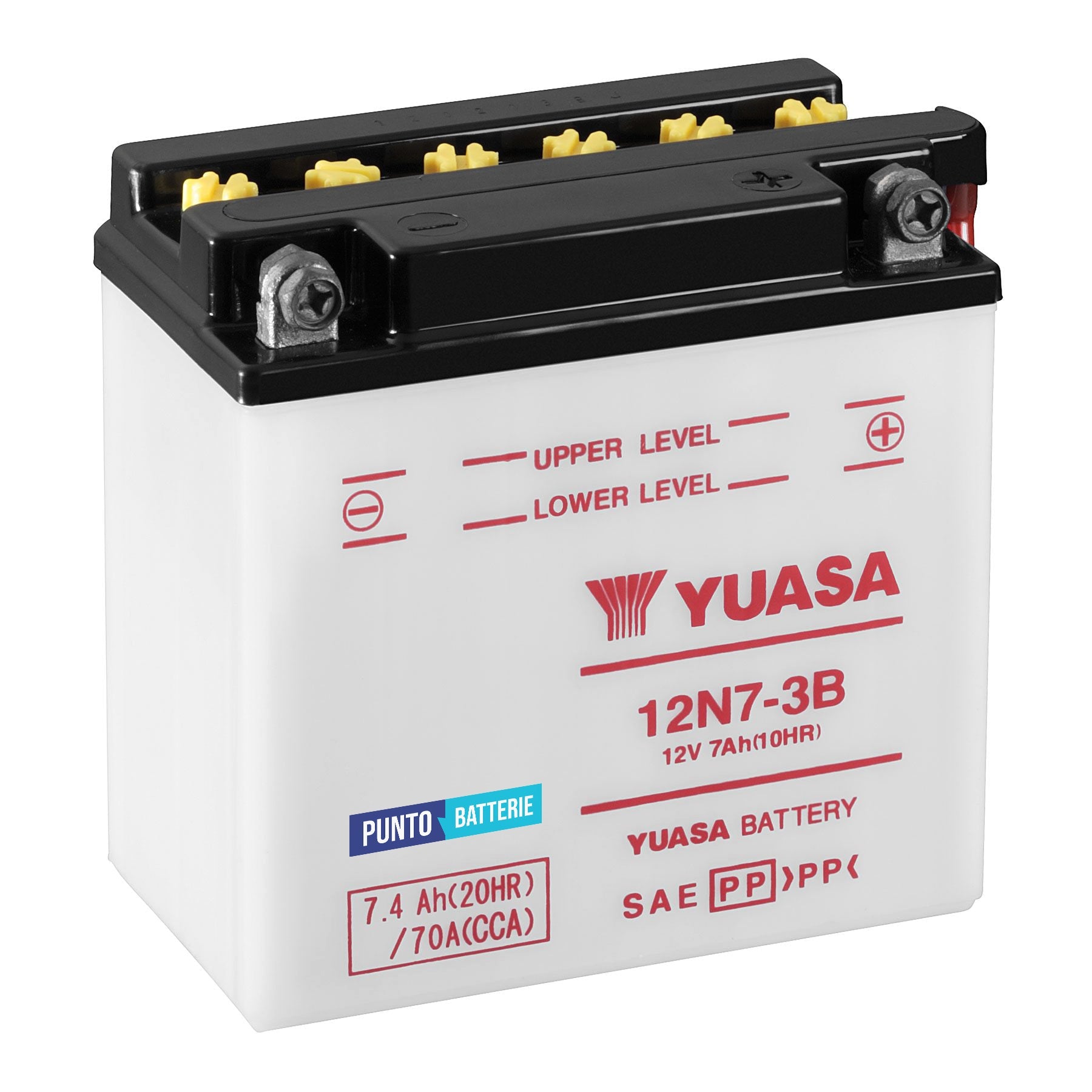 Batteria originale Yuasa Conventional 12N7-3B, dimensioni 135 x 75 x 133, polo positivo a destra, 12 volt, 7 amperora, 70 ampere. Batteria per moto, scooter e powersport.