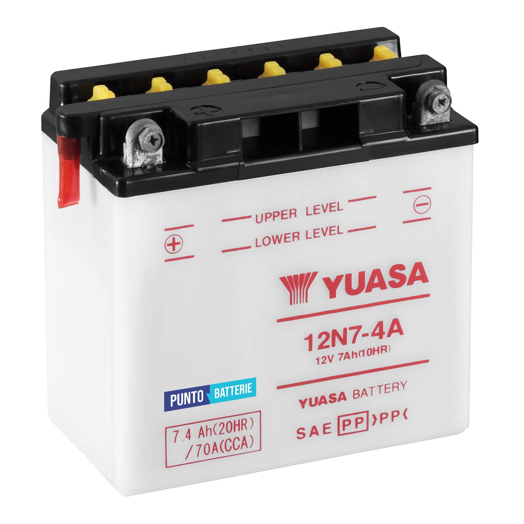 Batteria originale Yuasa Conventional 12N7-4A, dimensioni 135 x 75 x 133, polo positivo a sinistra, 12 volt, 7 amperora, 70 ampere. Batteria per moto, scooter e powersport.